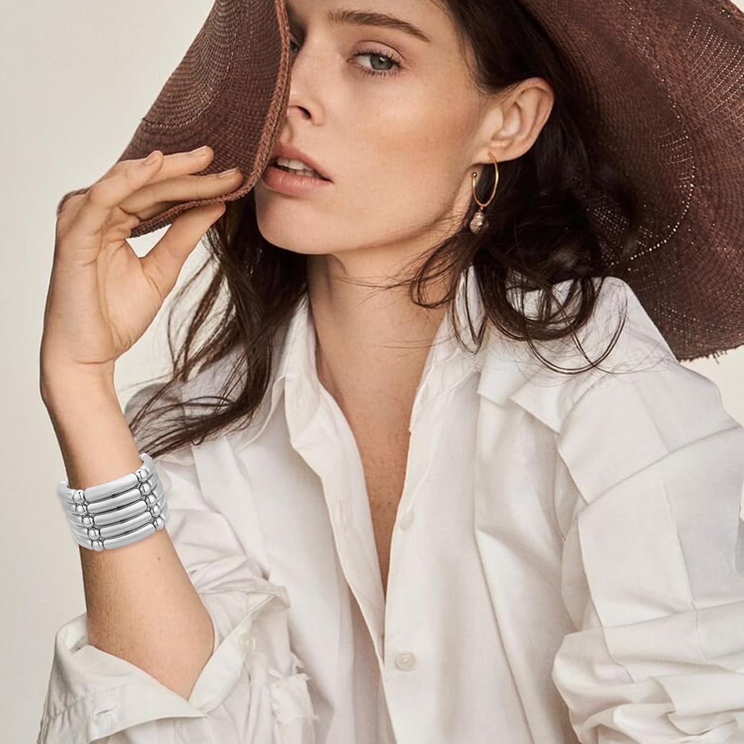 YBMYCM 5PCS Chunky Bangles Bracelets for Women Plated Stackable Layered Curved Bamboo Tube Stretch Bracelets Bangle Gift Jewelry - Image 3