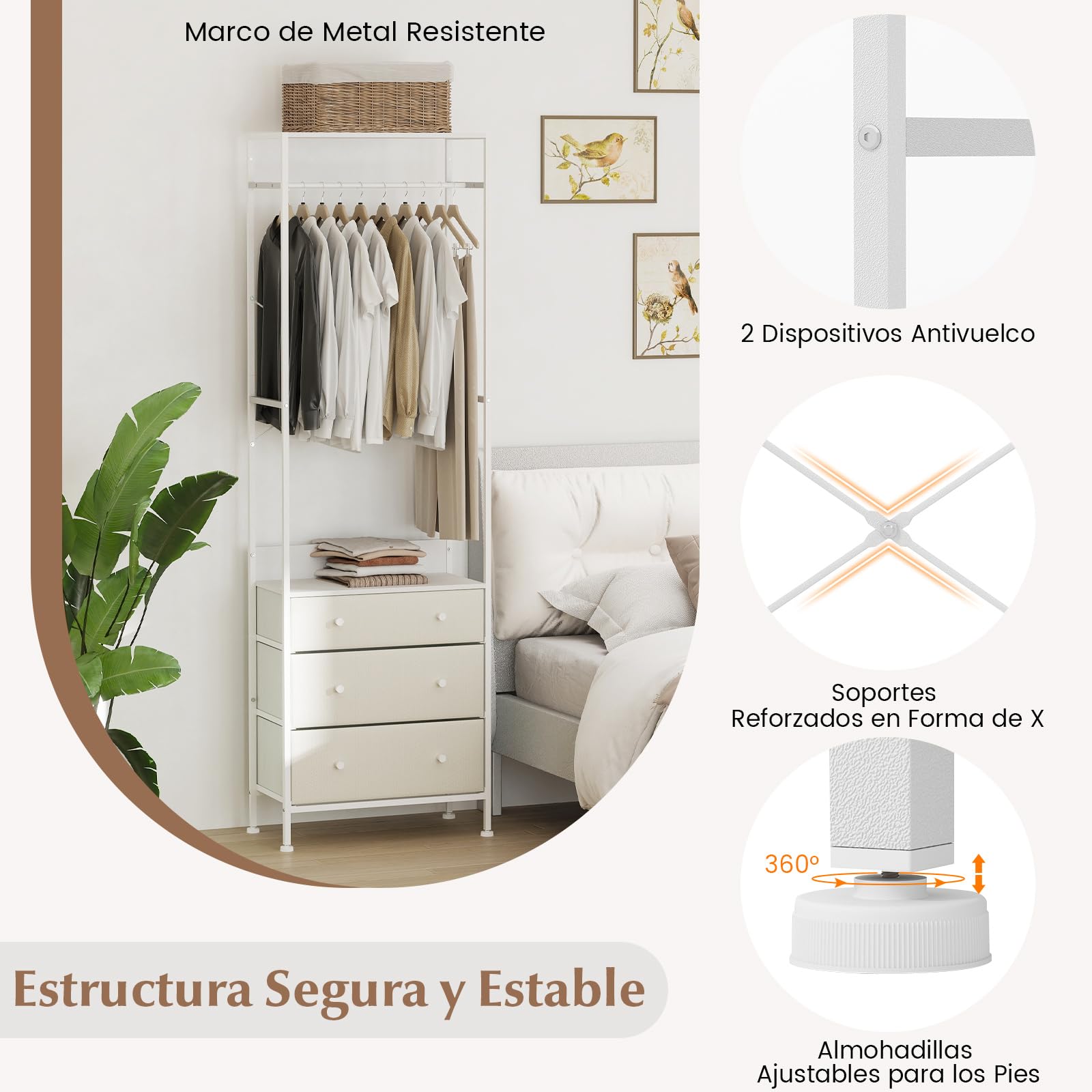 COSTWAY Perchero con 3 Cajones, Organizador de Armario Independiente con Barra para Colgar de 3 Posiciones y Estantes, Dispositivos Antivuelco, Perchero de Entrada Dormitorio, Guardarropa (Blanco)