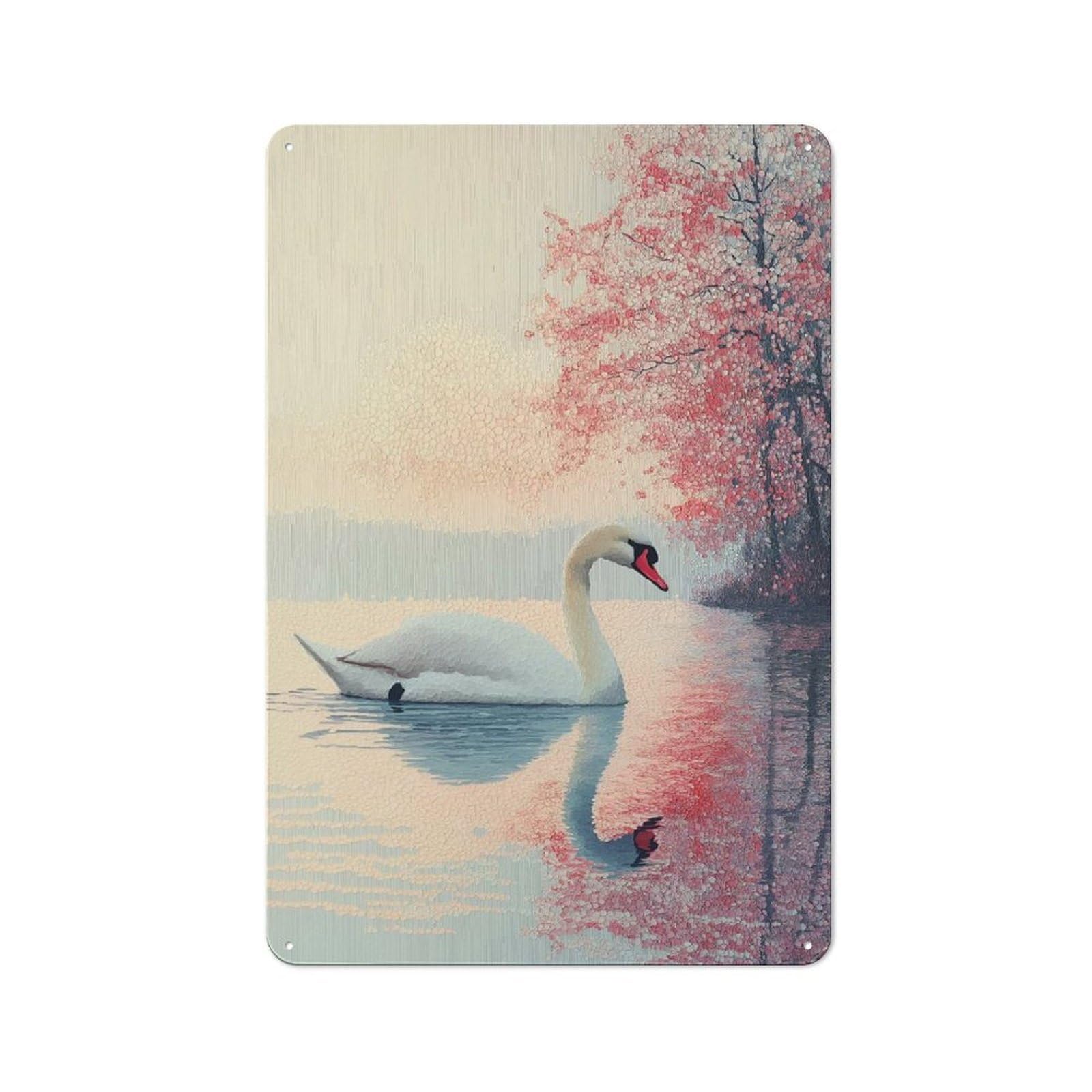 Junmoney Style-23 Tin Wall Plaque 30X20cm With Swan In A Pink Floral Lake For Guest Room Or Hallway, For Garage, Workshop And Man Cave Decoration