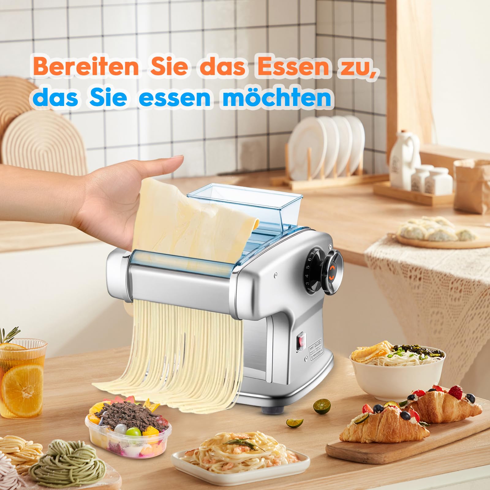 Macchina per pasta elettrica da 135 W, in acciaio inox, per la preparazione di spaghetti e lasagne, con 4 lame di larghezza (2 mm, 2,5 mm, 4 mm, 9 mm) e 9 spessori variabili di impasto