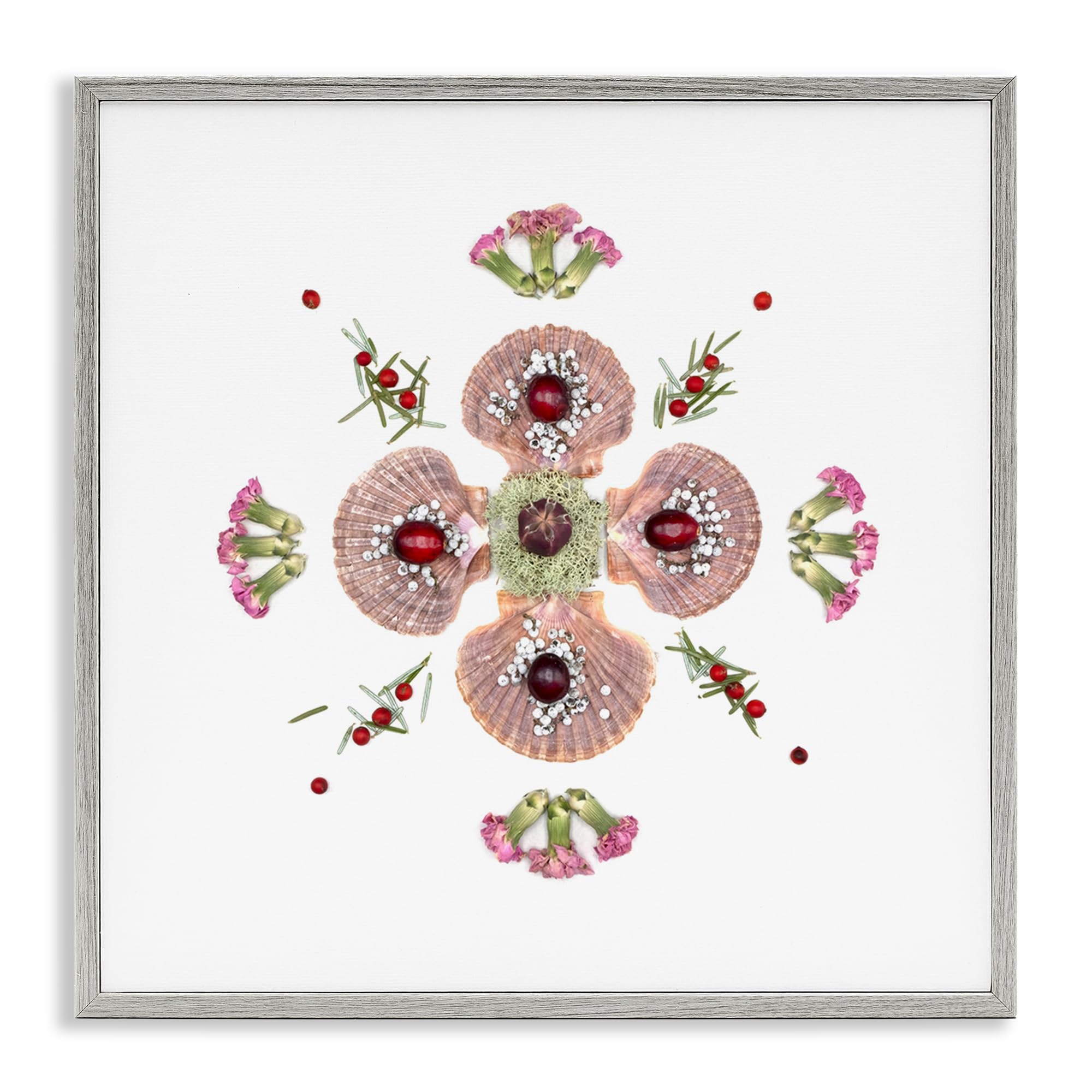 Stupell Industries Botanical Seashell Floral Symmetry 'Clam Shells & Botanicals Pattern', Framed Giclee Art, Gray, 24 X 24 Inches, Easy To Hang And Sturdy, Made In Usa, By Beth Adoette