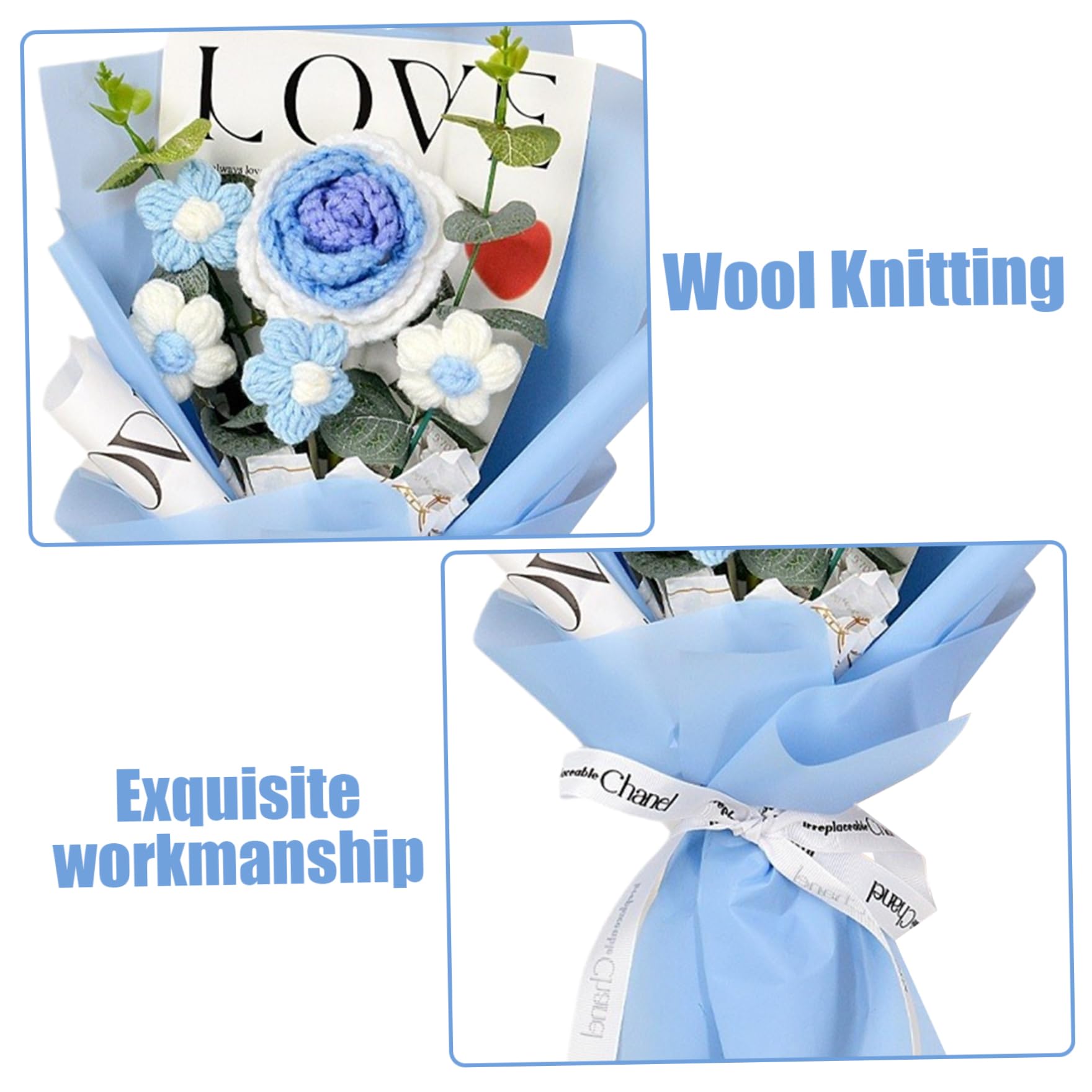 Bouquet de Fleurs au Crochet Roses 7.9x11.8" 5 Têtes Tricotées Mariage Bleu
