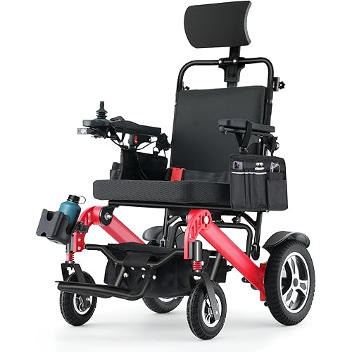 30 Mile Electric Wheelchair for Adults, Foldable Electric Wheelchair, Bluetooth Control & 100-130° Adjustable Seat, with Sunshade, Dual 300W Motor, 2 * 12AH Li-Battery Red