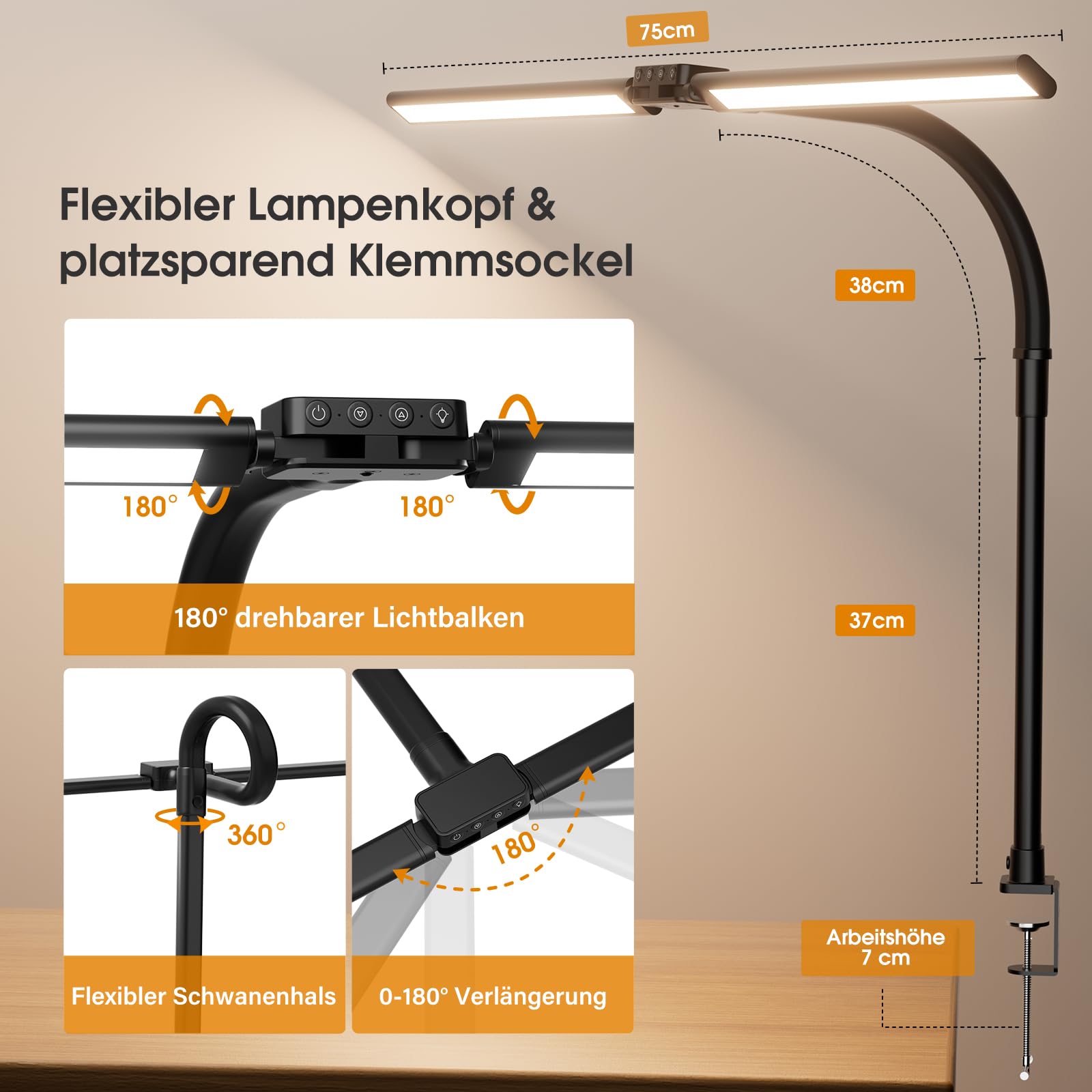SIBRILLE Lampada Da Scrivania, Lampada Da Architetto Ruotabile Per Ufficio, Luce Da Scrivania Per Computer Luminosa E Dimmerabile, Lampada Da Scrivania Regolabile Con Collo D'oca (Nero)