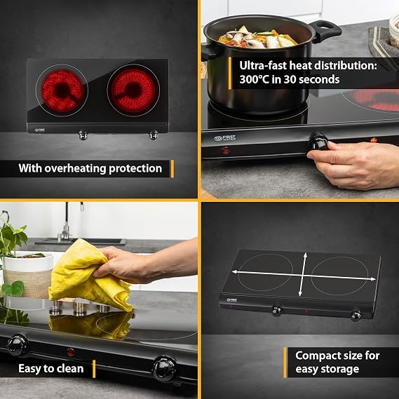 TZS First Austria - Infrared Hot Plate Double Glass Ceramic Stove Plate ALL Pot Types 2500W - Portable Hob Electric Cooktop for Camping, Dorm & Apartment - Stepless Adjustment & Indicator Light