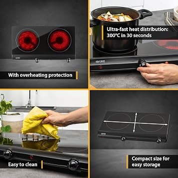 TZS First Austria - Infrared Hot Plate Double Glass Ceramic Stove Plate ALL Pot Types 2500W - Portable Hob Electric Cooktop for Camping, Dorm & Apartment - Stepless Adjustment & Indicator Light