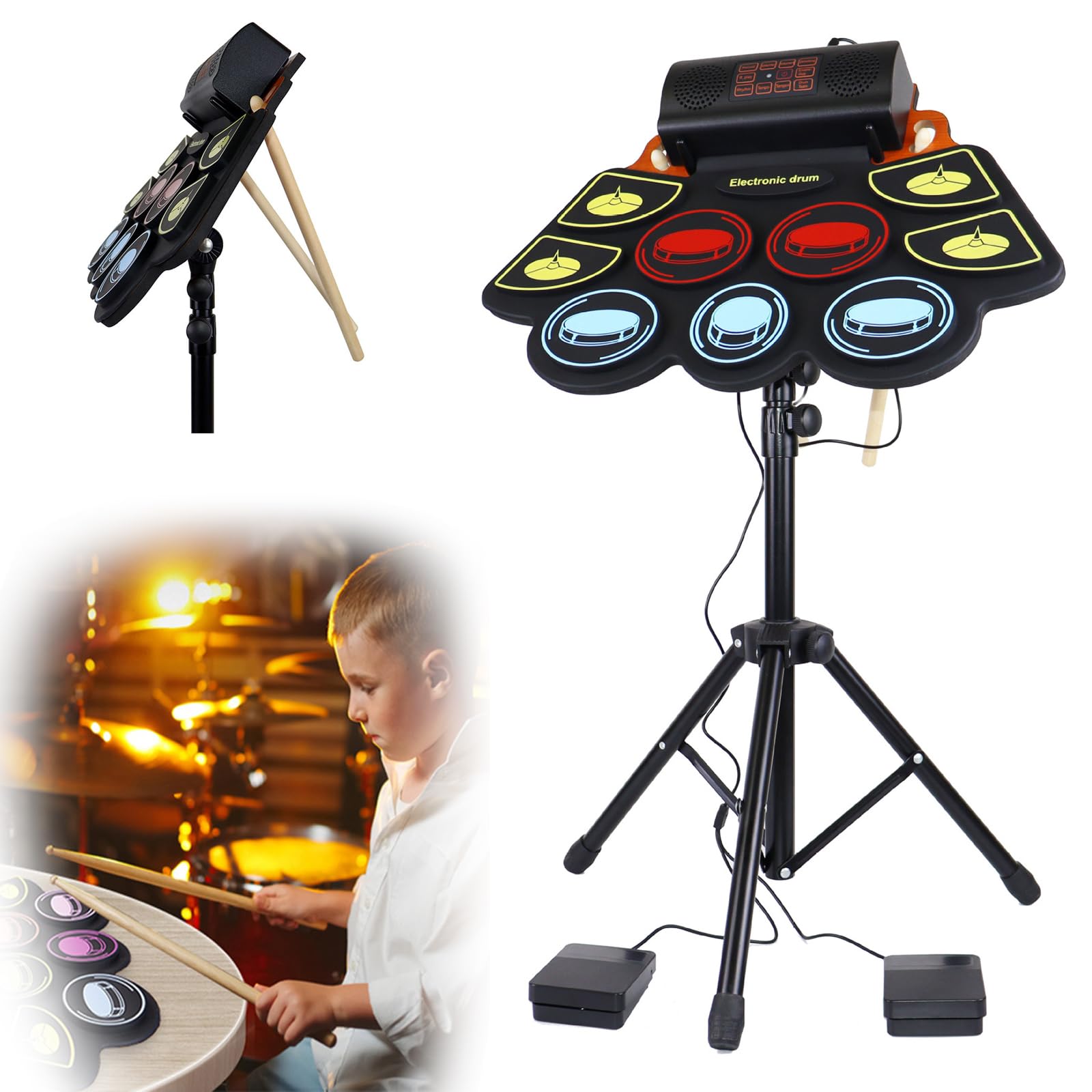 Tambor Electrónico Portátil Colorido Enrollado A Mano, Tambor Electrónico Bluetooth con 9 Pads De Batería, 2 Altavoces Estéreo + Midi + Batería De Litio De 1750 MAh + Auriculares/Audio,2Size