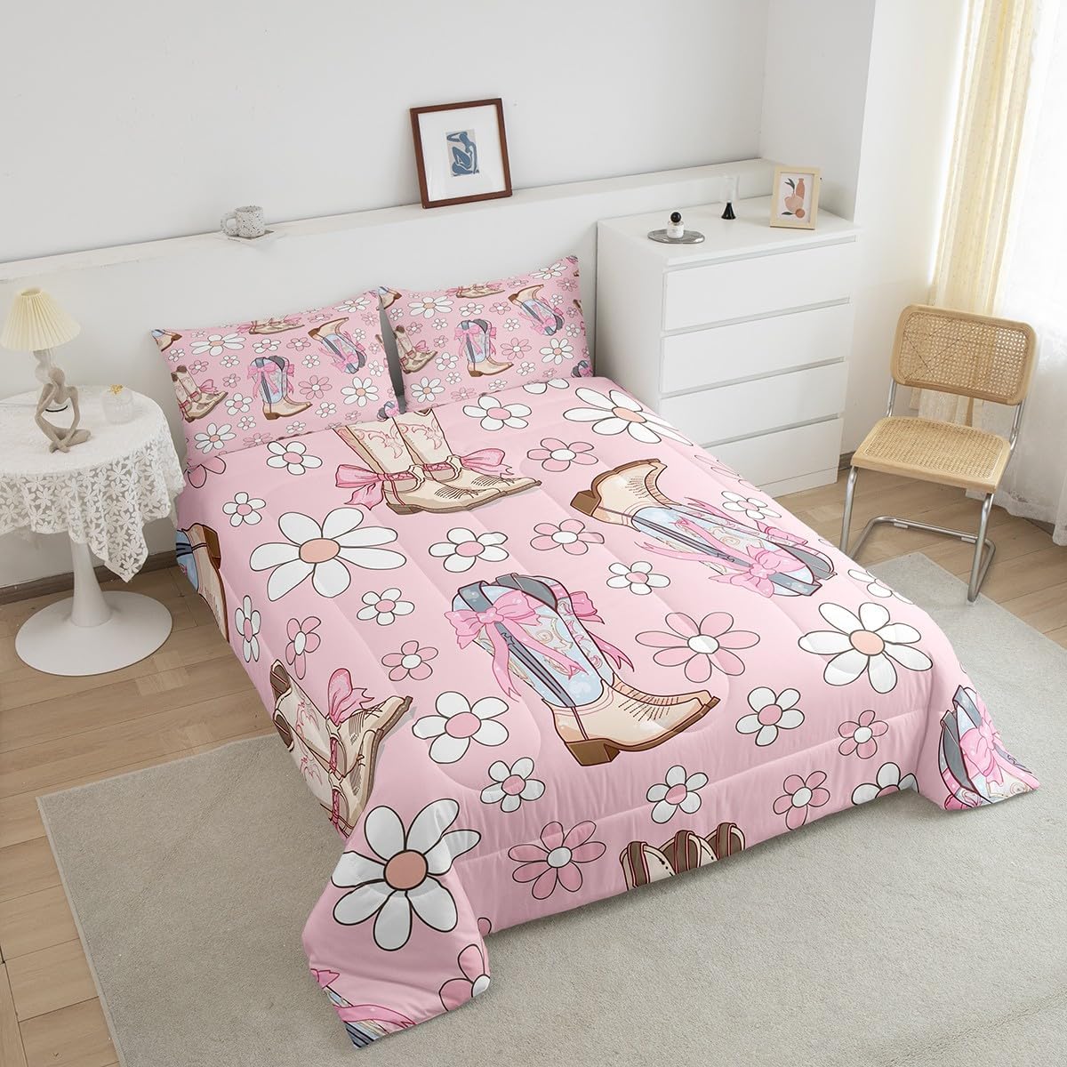 Feelyou Bow Floral Comforter Set Queen Size Kids Western Boots Comforter for Boys Teens Cute Bow Bedding Set Breathable Bowknot Vintage Duvet Set Room Decor Quilt Set