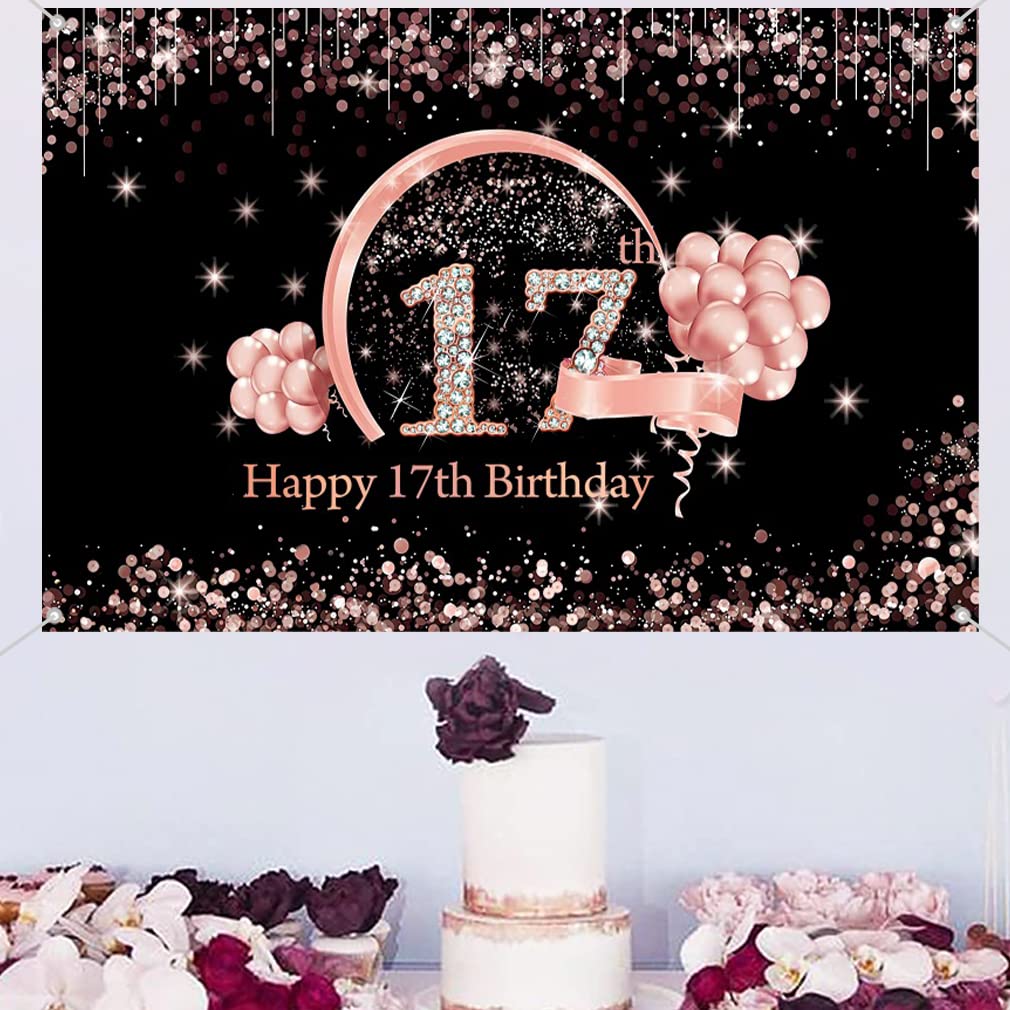 Cartel De Tela Para Puerta 17 Cumpleaños Niña – Decoración Fiesta ‘Happy 17th Birthday’ En Rosa Dorado (90x180 Cm)