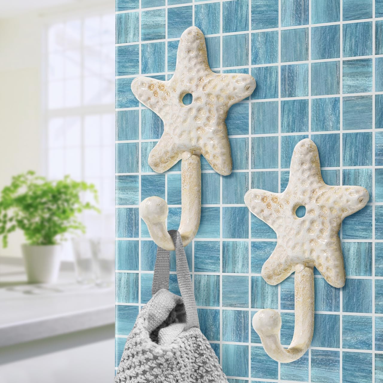 3pcs Decorative Hooks for Hanging, Cast Iron Star Fish Beach Themed Wall Hooks, Retro Coastal Wall Hanger Towel Holder for Bathrooms Kitchen Bedroom Hotel Pool Coats - Image 6