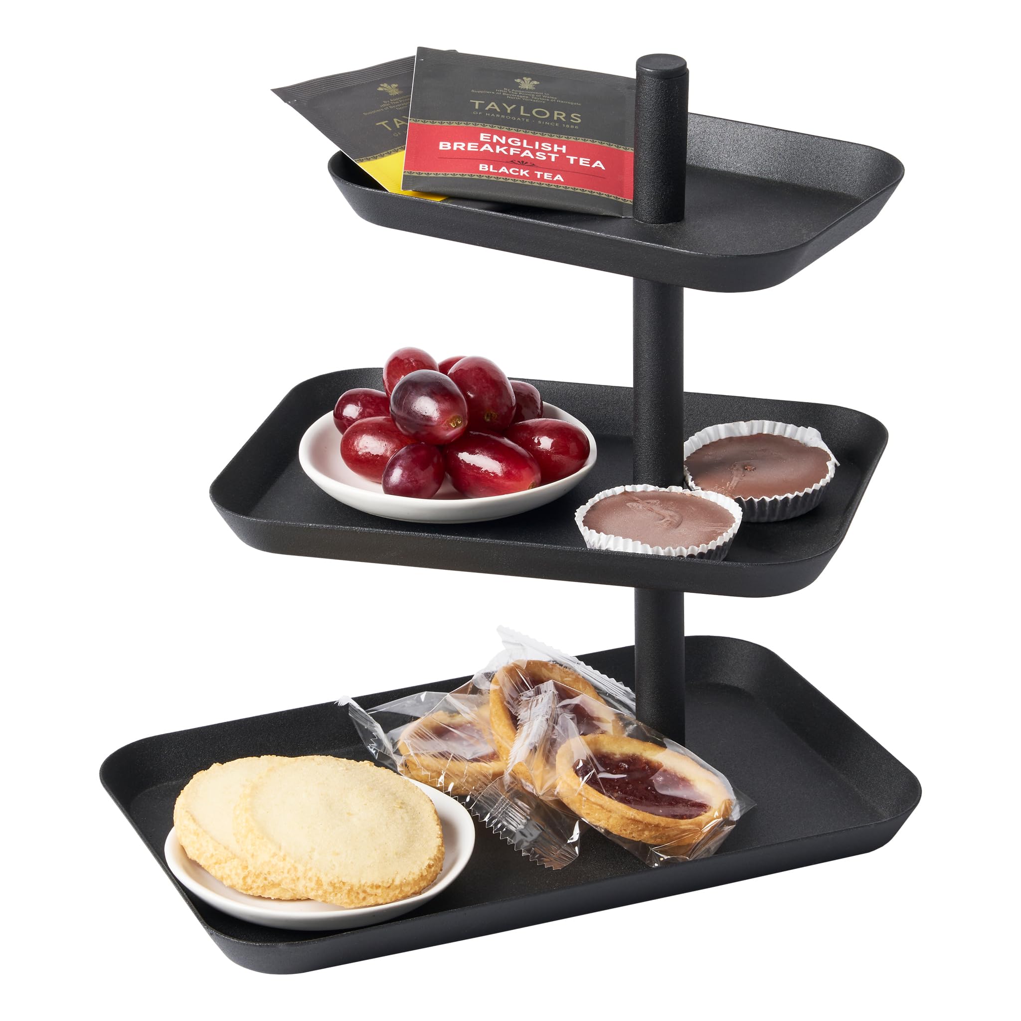 Yamazaki 4281 TOWER 3-Tiered Serving Stand, black, Steel, Minimalist, 24.7 x 15.7 x 25.7 cm
