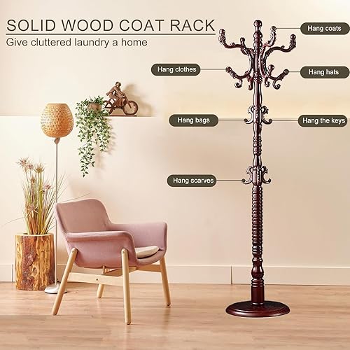 Miniatura 3 de Perchero independiente, soporte de madera con 14 ganchos, fácil montaje con base de disco estable para dormitorio, pasillo, oficina de entrada para