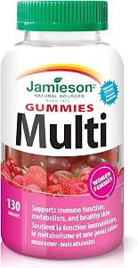 Jamieson Women's Multivitamin Gummies, 130 Mixed Berry Flavour Gummies. Supports Bone Health, Immunity, Energy, Hair, Skin and Nails. With Biotin and Vitamin B12, Vegetarian, Non-GMO