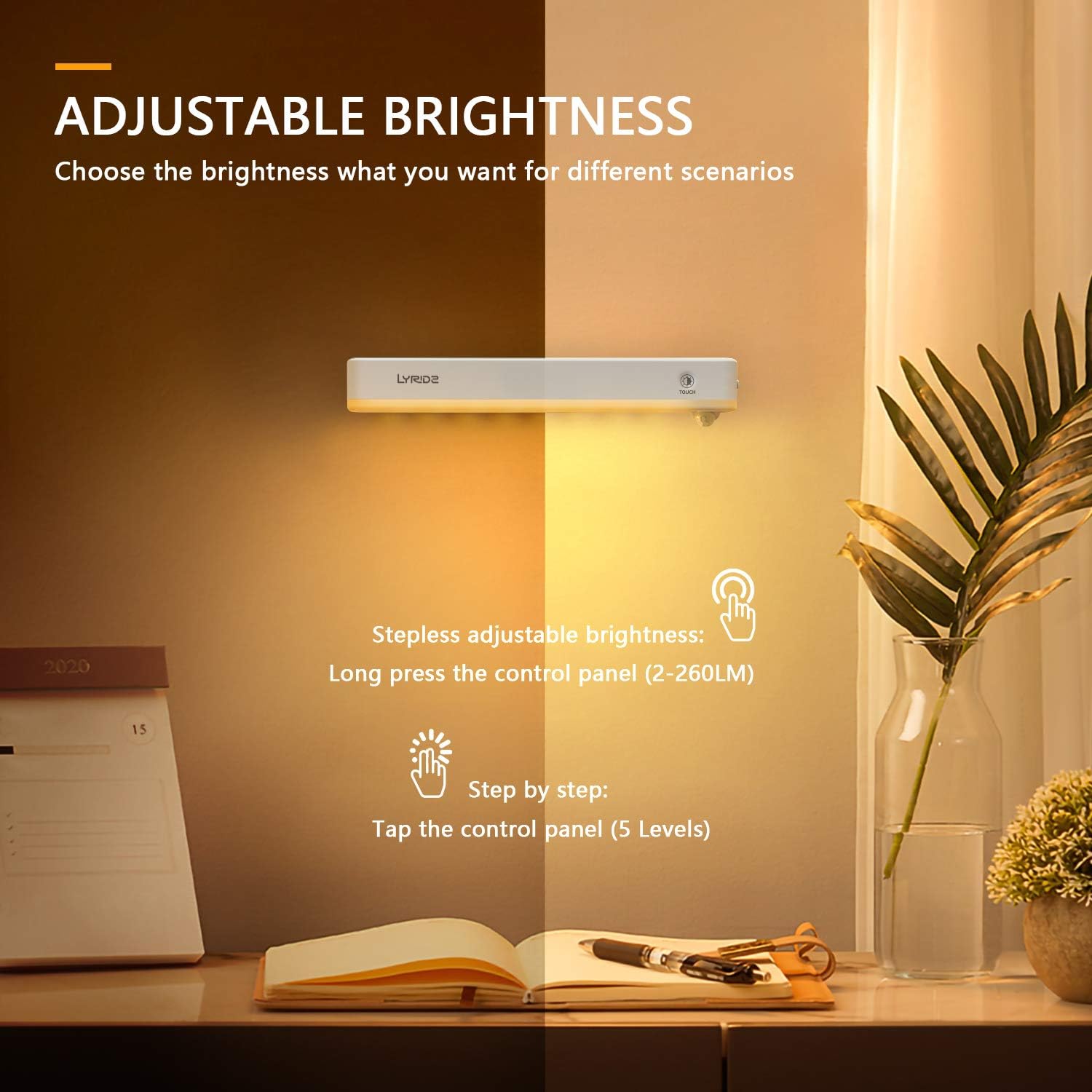 Lyridz Under Cabinet Light, 2500mAh Rechargeable Motion Sensor Closet Light 2-260LM LED Warm White Dimmable Lighting, 3 Modes, Stick-on Magnetic Strip for Kitchen, Wardrobe, Hallway, Garage, 3-Pack