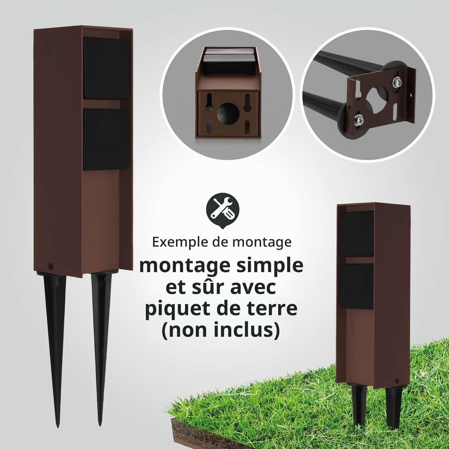 LED Universum - Prise extérieure « ADAM », marron rouille avec couvercles noirs, 2 emplacements, acier inoxydable revêtu par pulvérisation, câblée pour connecter des outils de jardin ou des