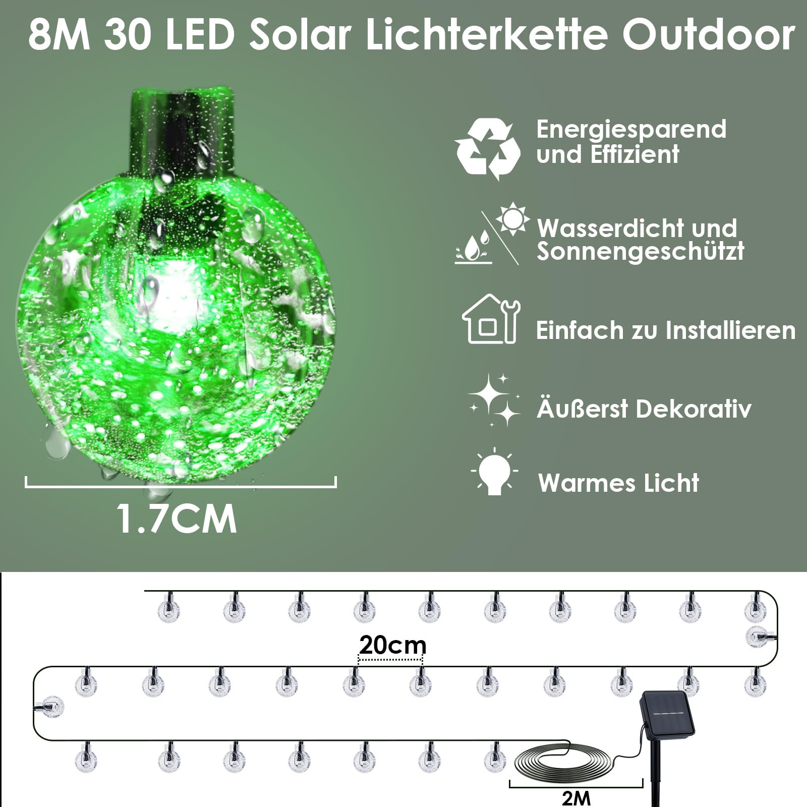 Caldarax Solar Lichterkette Außen 8 M – 30 LED, 8 Modi, IP65 Wasserdicht, Mit Kristallkugeln