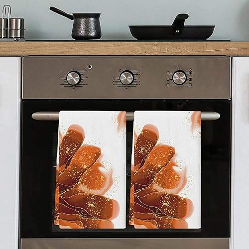 Miniatura 5 de Kitchen Towels 2 Packs Cotton Tea Towel, Geometric Burnt Orange Flower Gold Line Marble Texture Reusable Dish Cloths Absorbent Hand Towels for