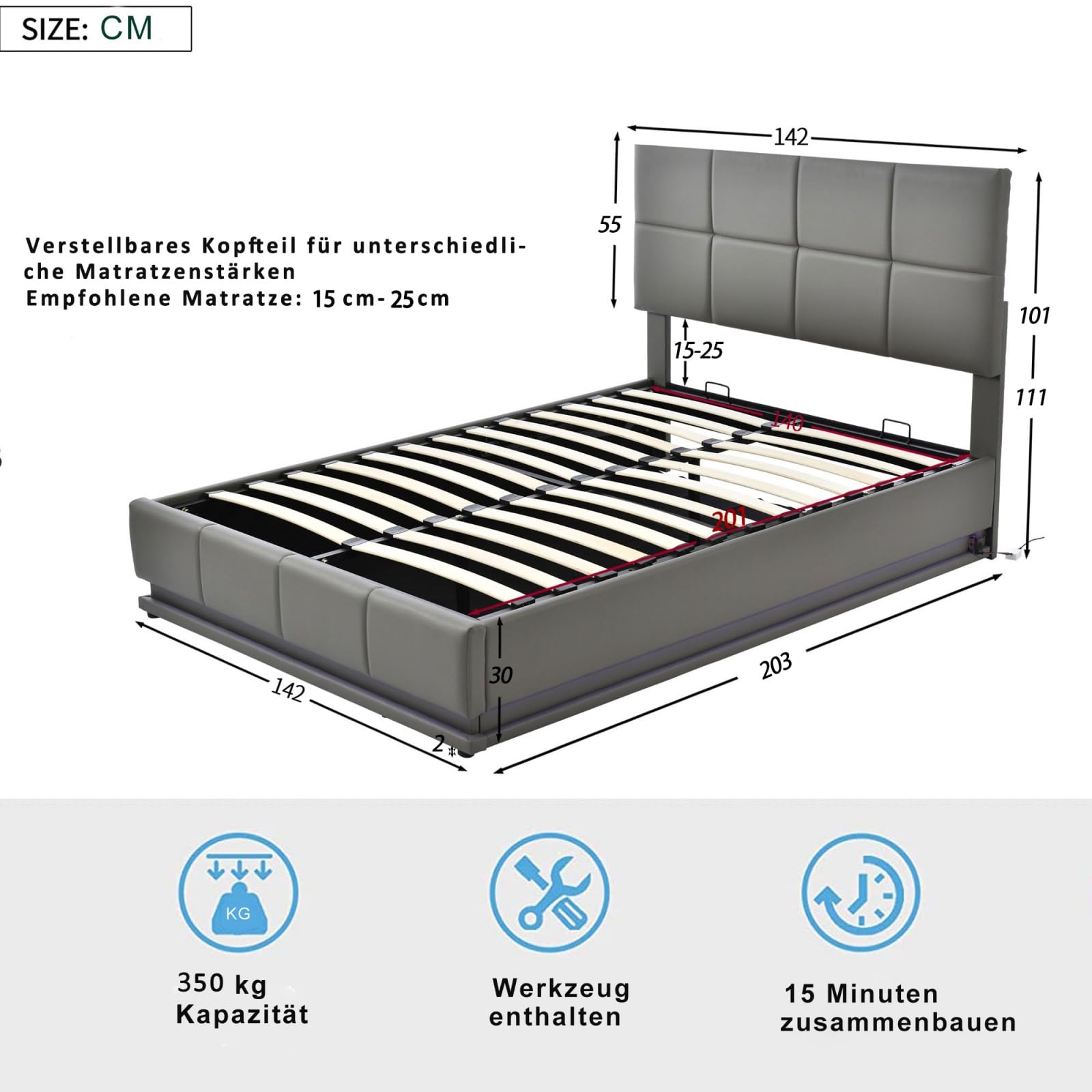 Kinderbed met opbergruimte 90x200 cm met lattenbodem - gestoffeerd
