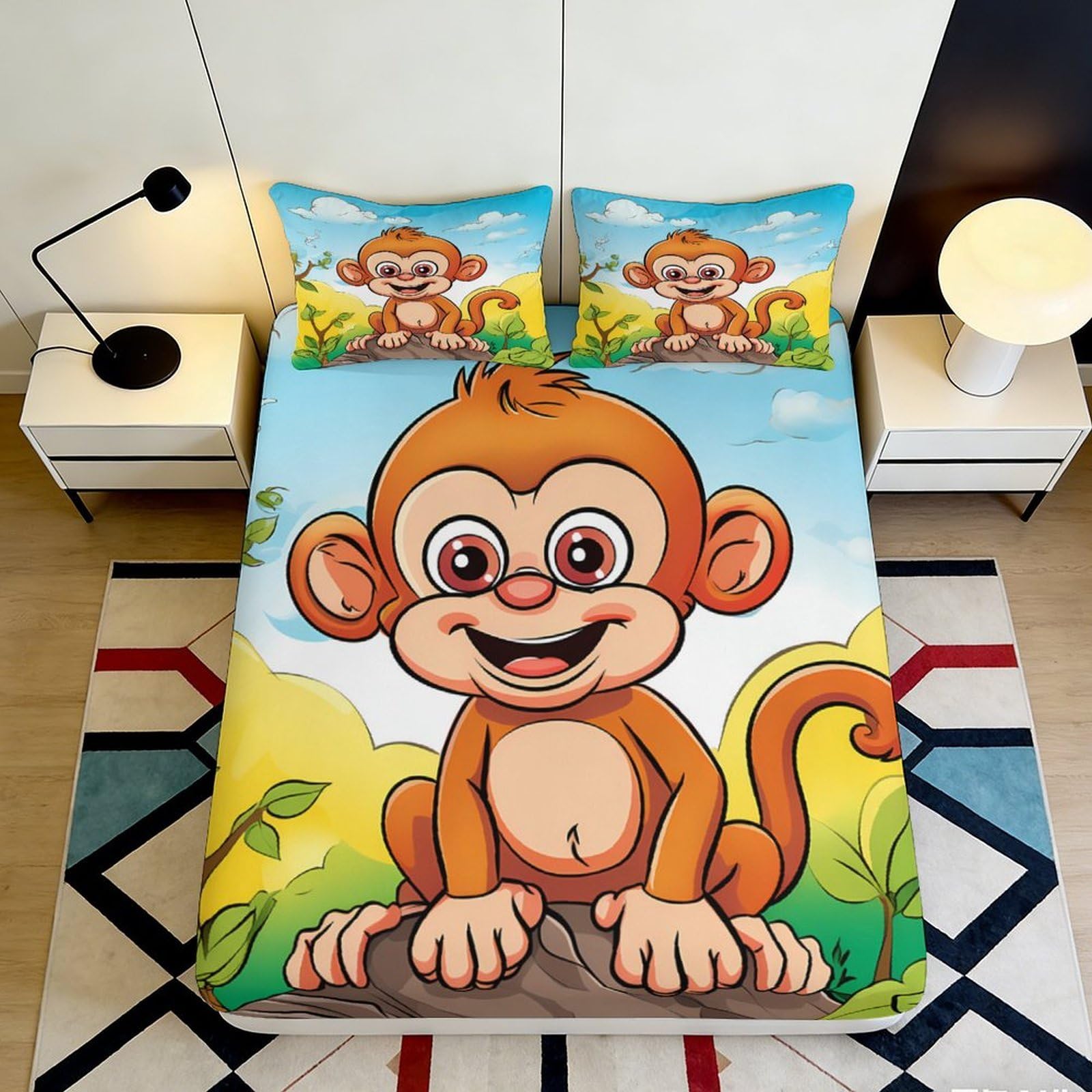 3D Printed Cute Monkey Fitted Sheet Microfiber Soft Durable Cartoon Animal Bed Cover for Bedroom Dormitory Guest Room Mattress Protection 180x200x25cm