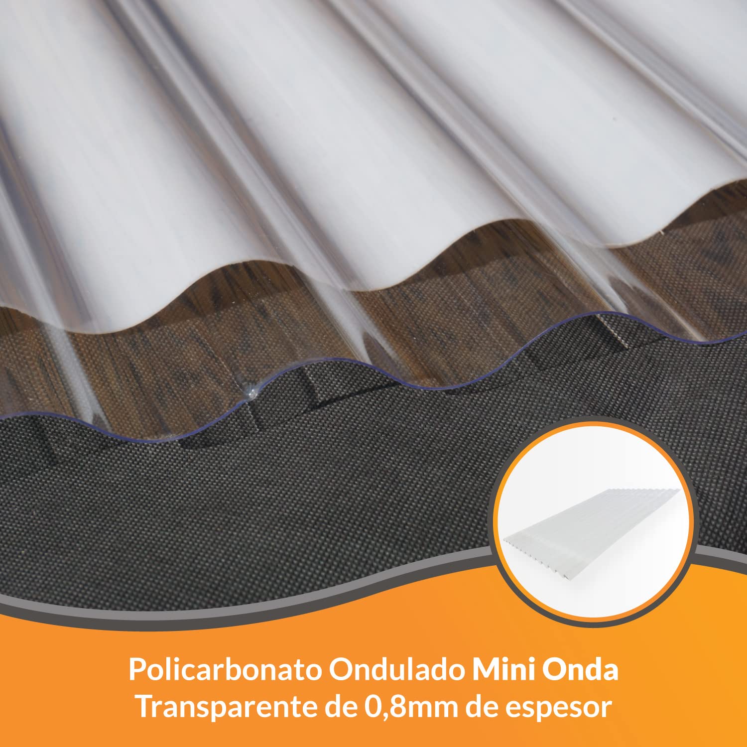Plancha de Policarbonato Compacto Ondulado - Mini Onda - Espesor de 0,8mm - 2000 x 1000 - Material Resistente a la Lluvia - Color transparente