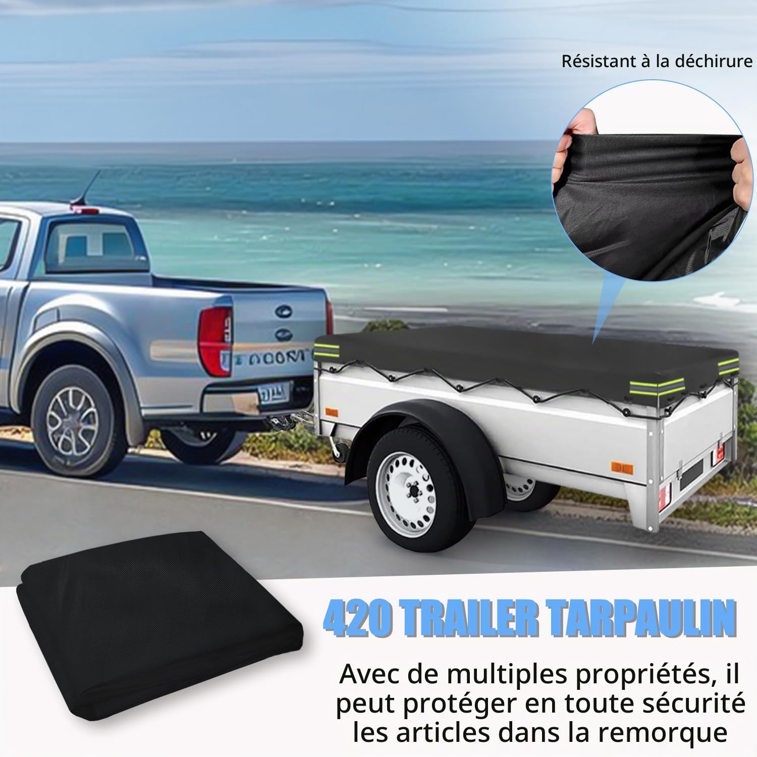 Bâche de Remorque - 214 x 122 x 13 cm | Tissu Oxford 420D Imperméable, Coupe-Vent, Protection Solaire, Indéchirable | Compatible avec Remorques de Plupart des Remorques de Voiture