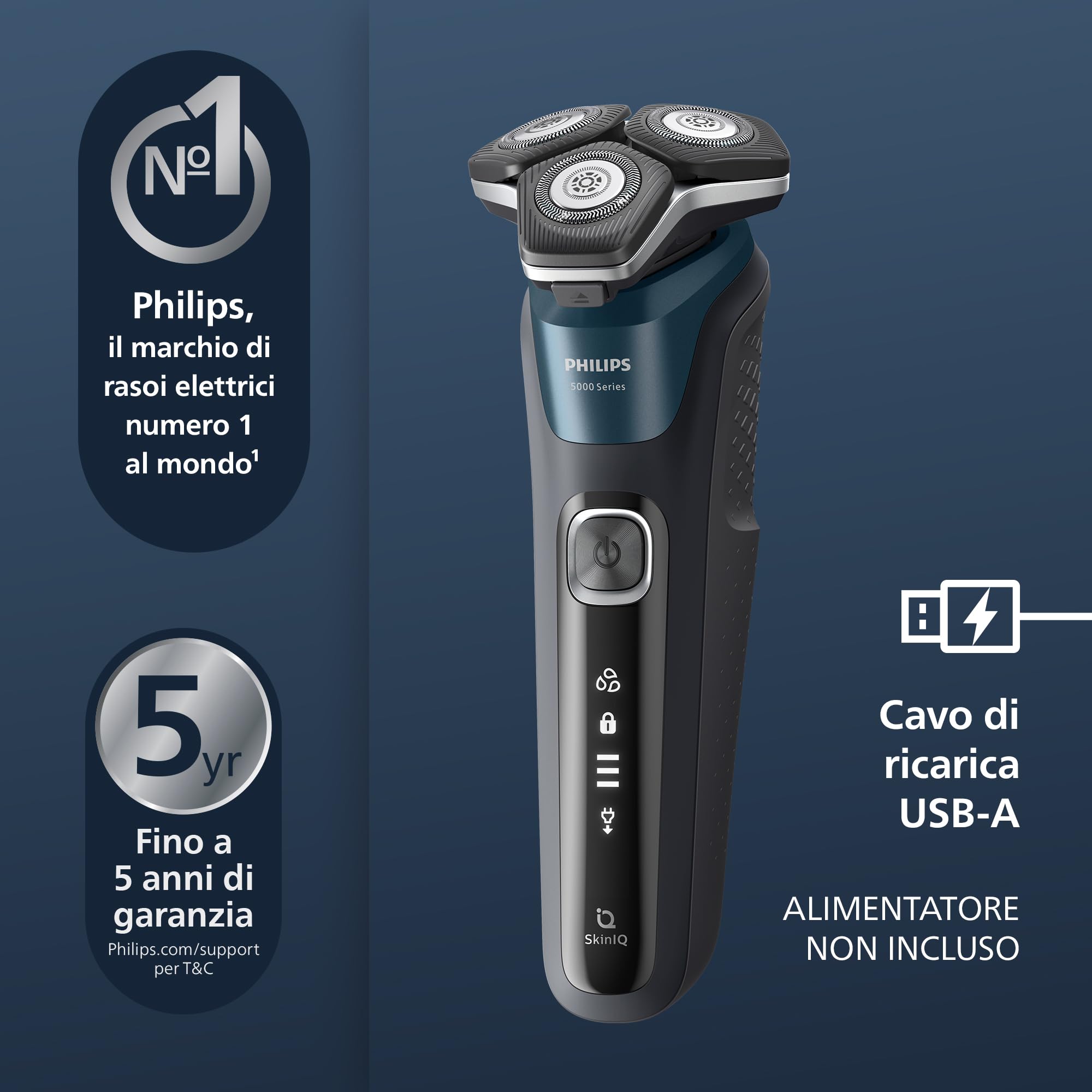 Philips Shaver Series 5000, rasoio elettrico Wet & Dry con tecnologia SkinIQ, rifinitore a scomparsa, custodia da viaggio, Quick Clean Pod, spazzolina per la pulizia, modello S5889/50