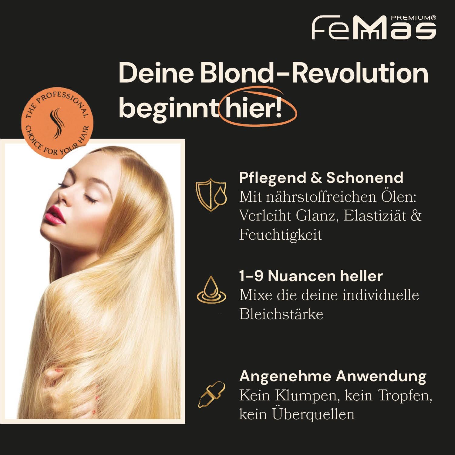 FemMas Blondier-Set: Premium Blondierpulver 100g & Oxycreme 100ml| Perfektes Starter Set für blonde Haare | für bis zu 9 Tonstufen hellere Haare in Salon Qualität (Blond, 6%)