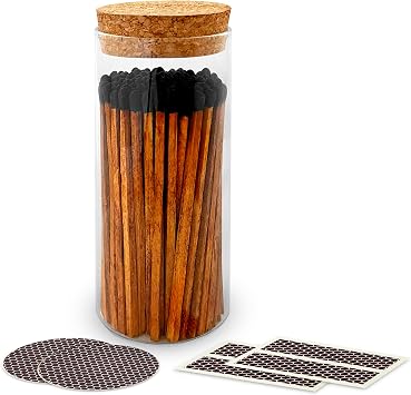 Decorative Matches in a Glass Jar | 4" Espresso Long Matches 100 Match Sticks + Cork Top Glass Holder + Striker Stickers | Gifts, Decor, Candle Accessories | by Thankful Greetings, USA