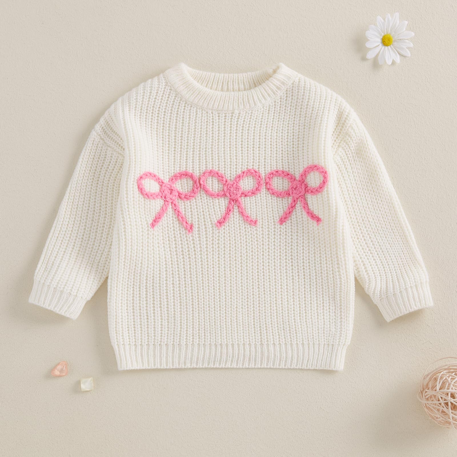 VSQWLZT Baby Girl Winter Clothes Embroidered Bow Knitted Sweater Long Sleeve Oversized Sweatshirt Toddler Fall Outfit (White, 3-4 Years)