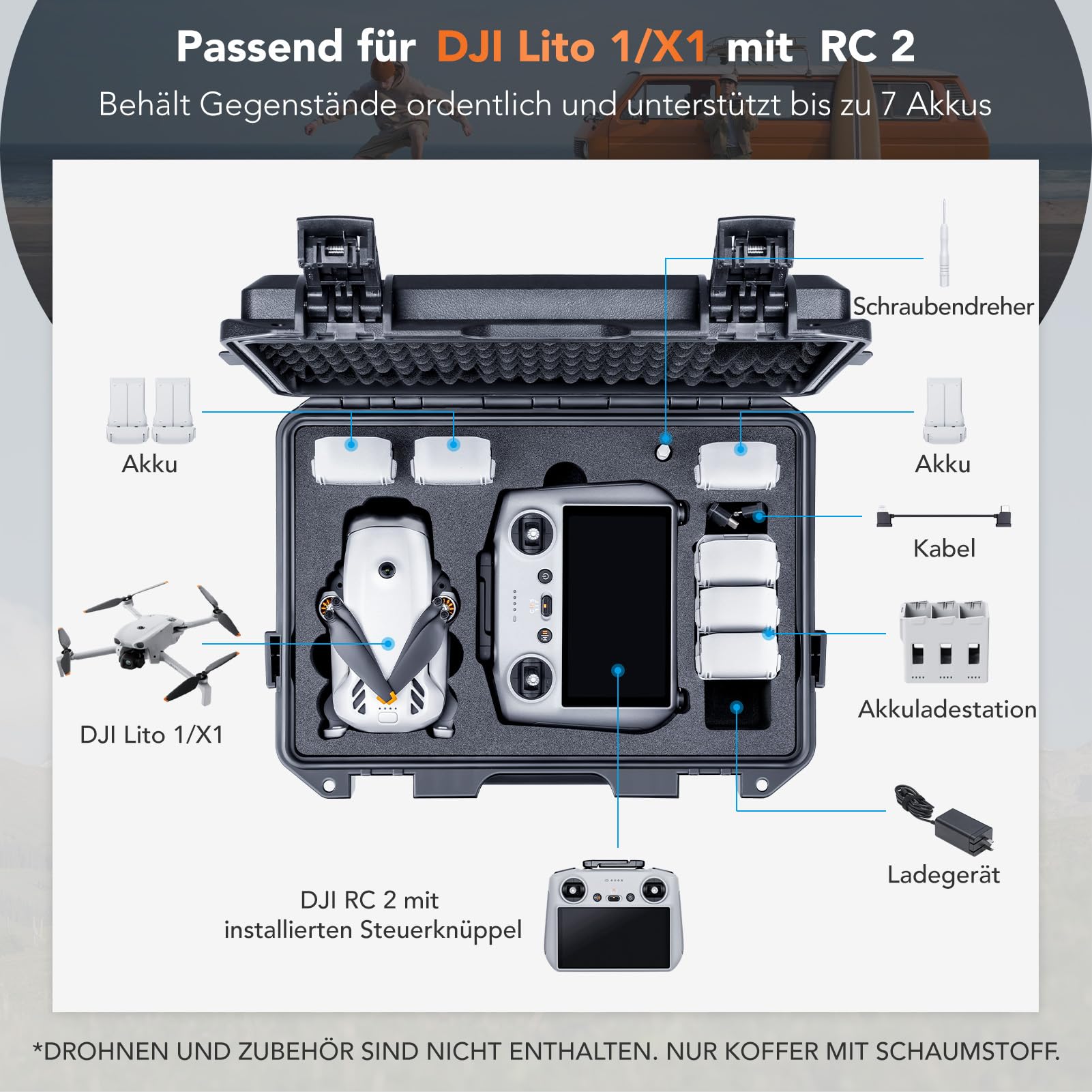 Lykus Titan LT110 Wasserdichter Koffer für DJI Lito 1/X1, RC2/RC-N3 | NUR KOFFER, Passend für Fly More Combo, RC Lanyard, Bis zu 7 Akkus, IP67 wasserdicht, Stoßfest, Inklusive Schultergurt