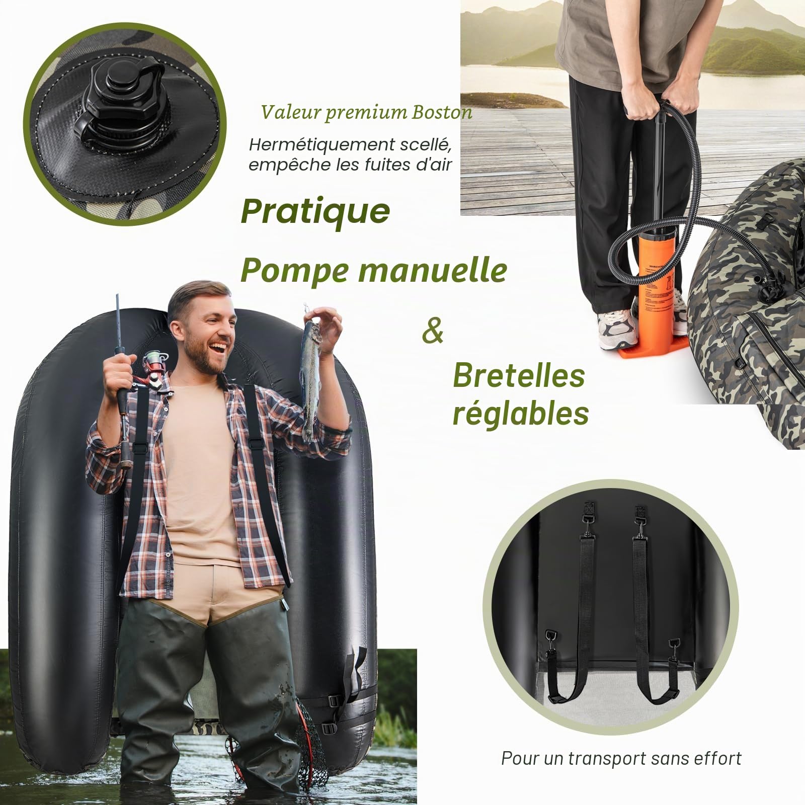 HOMASIS Bateau de Pêche Pneumatique pour Adultes,Bateau Gonflable Simple avec Palmes/Pompe/Pagaie pour gonflage,Canot de pêche avec Réservoir Gonflable pour Pêche Charge 150 kg,Camouflage
