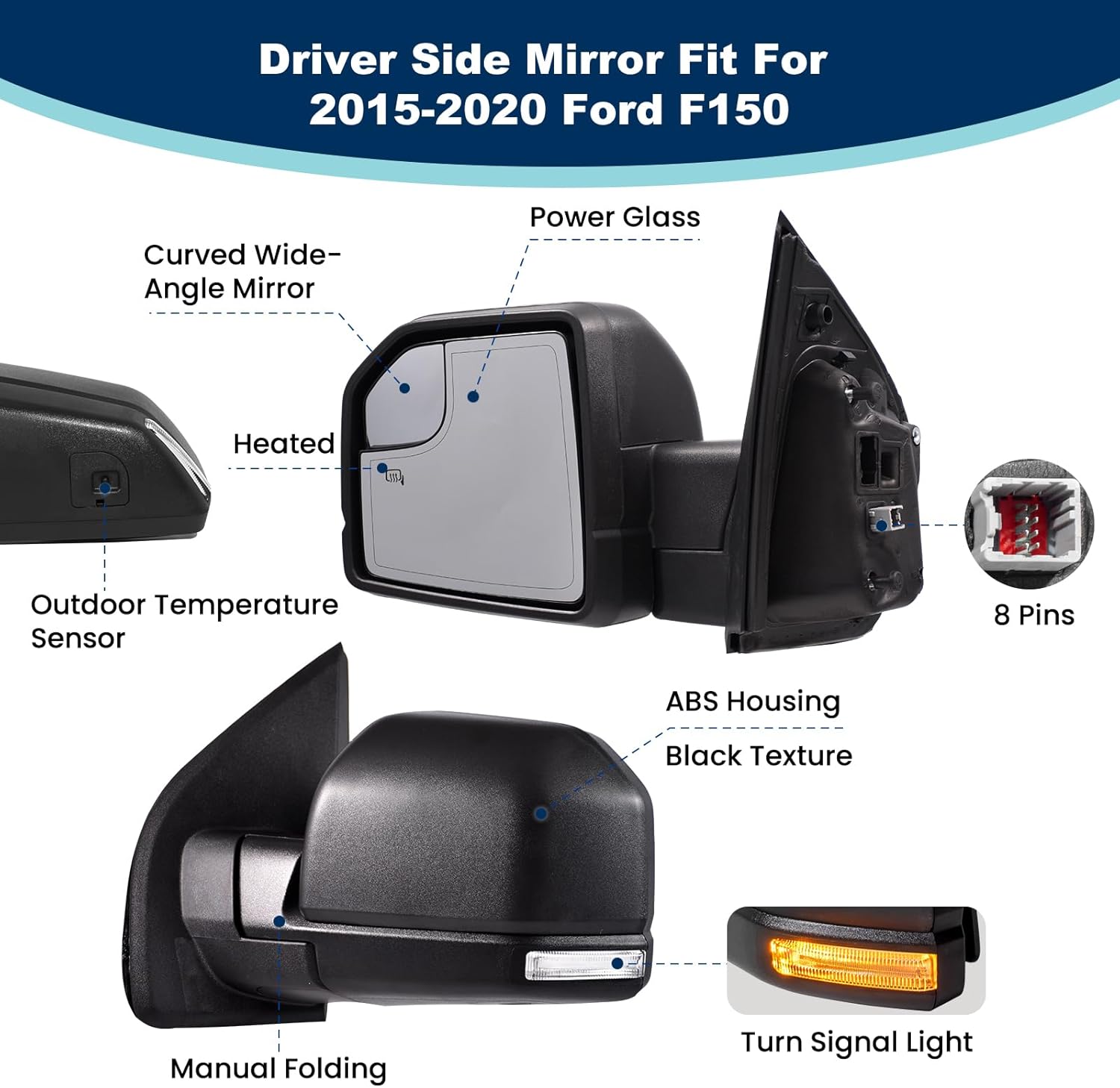 (8 Pins) Left Driver Side Door Mirror For 2015-2020 Ford F150 With Turn Signal Light、Power Glass、Heated、Manual Folding With Installation Kit*1 set Replaces #JL3Z17683CA(Not-Temp Sensor)