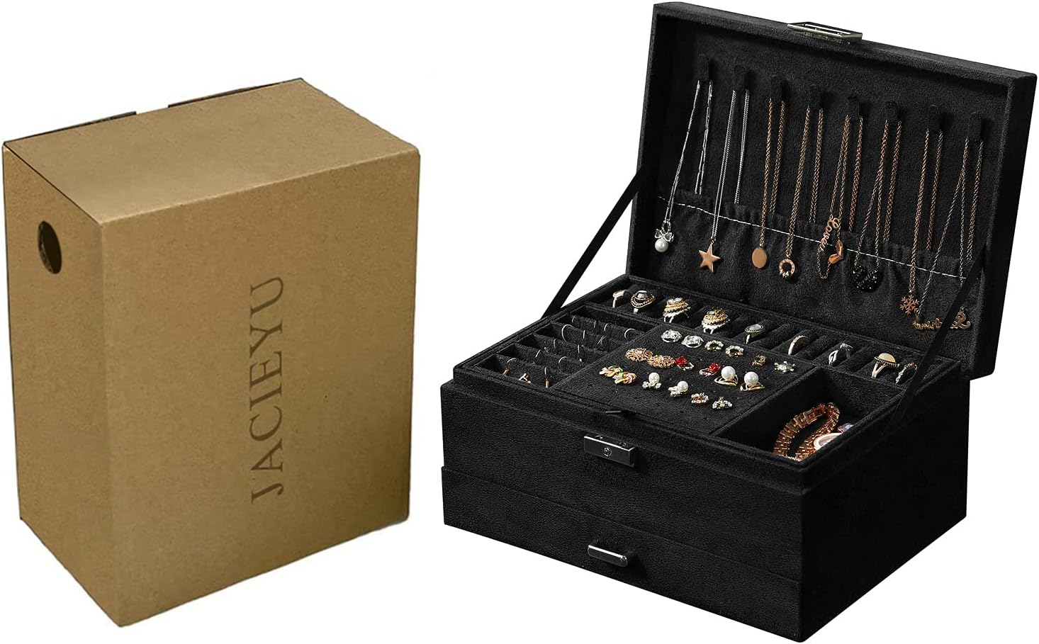 JACIEYU Large Green 3layers Velvet Jewelry Box, Fashion Fannel Jewelry Organizer with Safety Lock for Earring Necklace Makeup (Black) : Clothing, Shoes & Jewelry