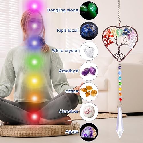 Miniatura 4 de TIESOME Atrapasoles para colgar en la ventana, árbol de la vida, atrapasoles de cristal en forma de corazón, bola de cristal, prisma, colgante,