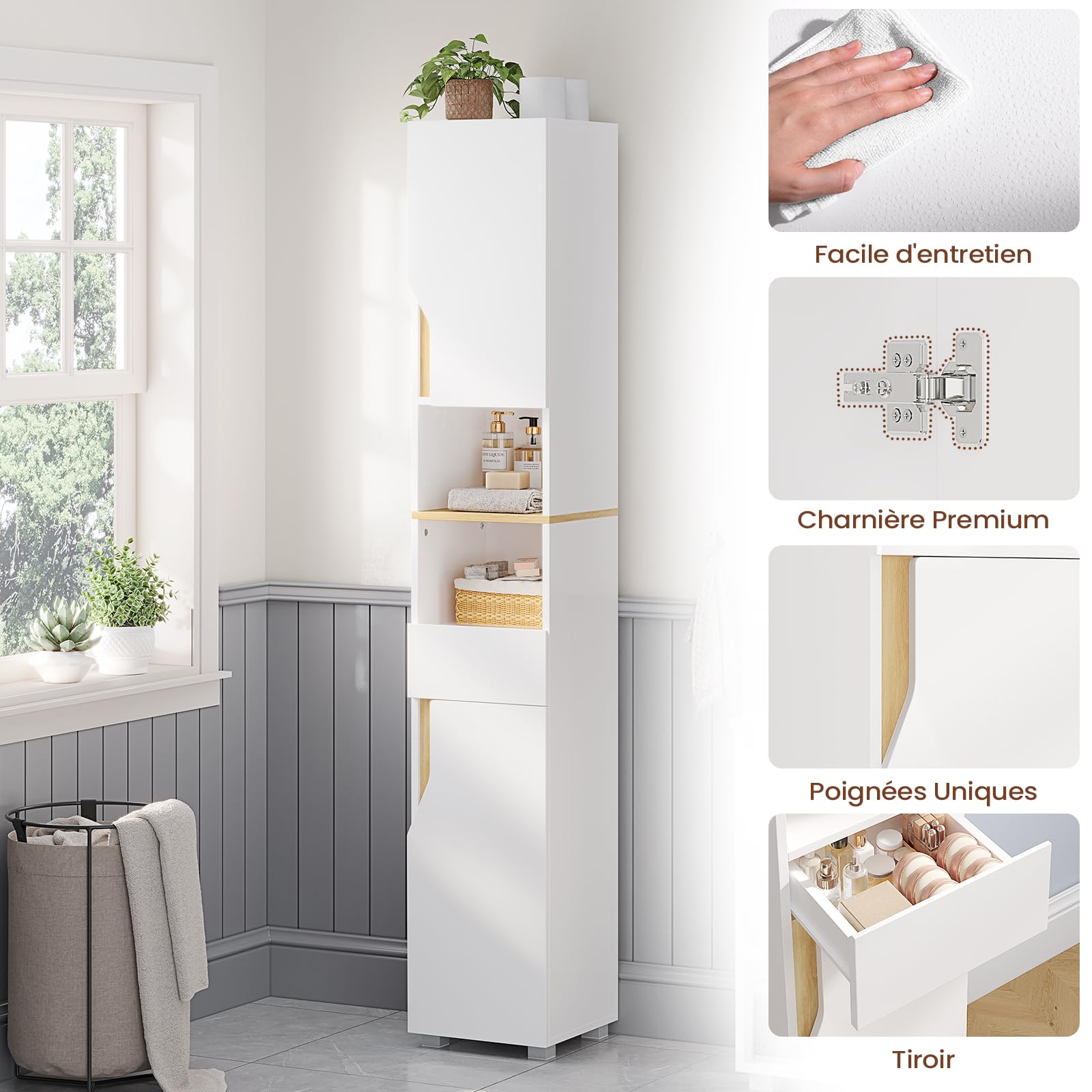 Meuble Colonne Salle de Bain, Meuble de Rangement avec Étagères Réglables, Tiroir, 2 Étagères Ouvertes, Armoire Rangement Haute Gain de Place,Armoire de Salle de Bain, 30 x 30 x 180 cm, Blanc