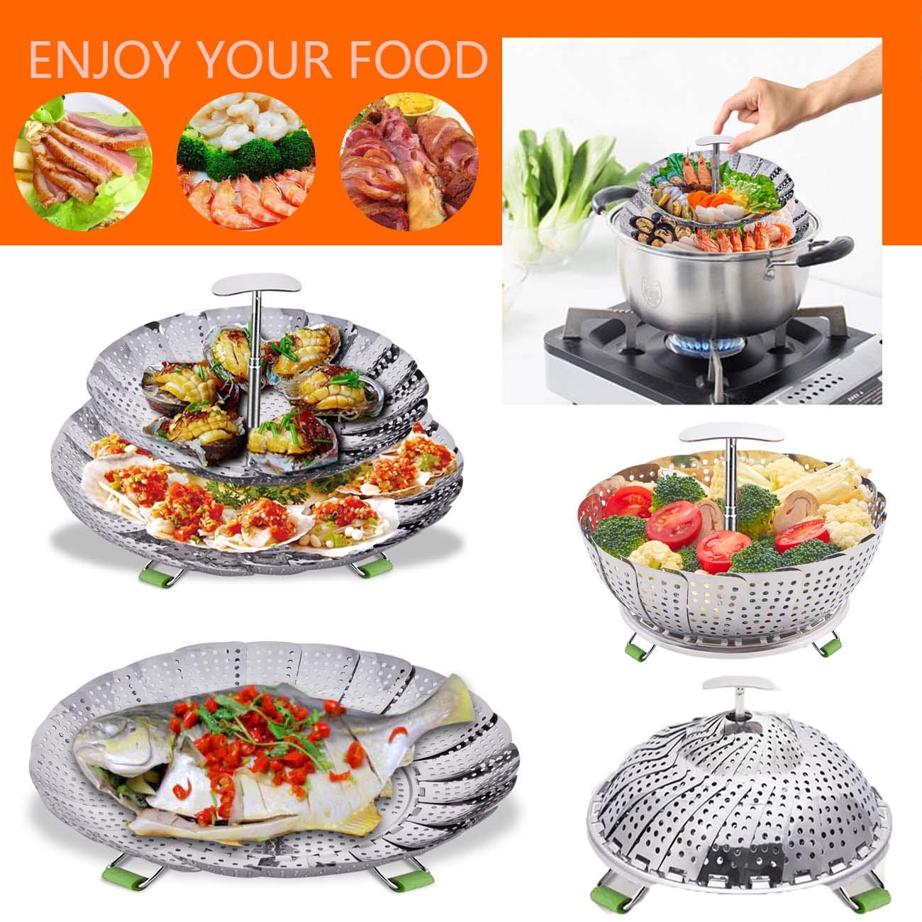 3 Compartments Steamer Rack Stainless Steel Steamer Basket Rack Kitchen Coo GXN 3 Compartments Steamer Rack Stainless Steel Steamer Basket Rack Kitchen Coo GXN