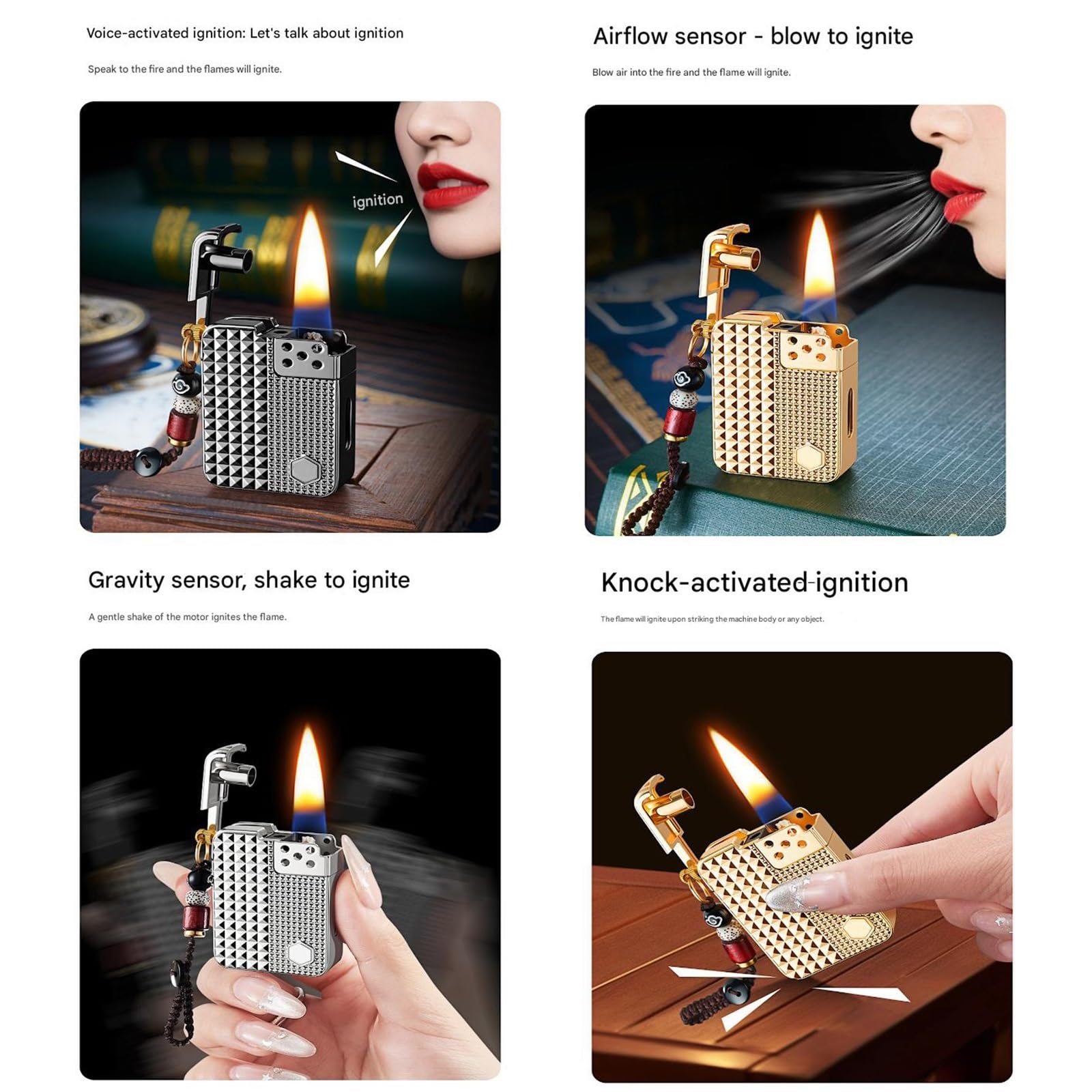 Briquet au kérosène avec quatre modes d'allumage (activation vocale, capteur de secousse, flux d'air, tactile), réservoir de carburant transparent, flamme douce, réutilisable et portable