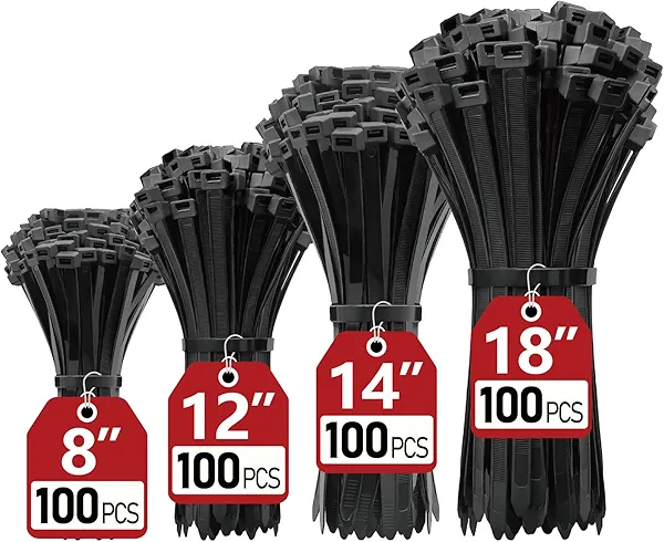 Zip Ties Assorted Sizes(8", 12", 14", 18")- 400 Pack, Zip Ties Heavy Duty with 120 lb Tensile Strength, Black Cable Ties, Wire ties, Paloka
