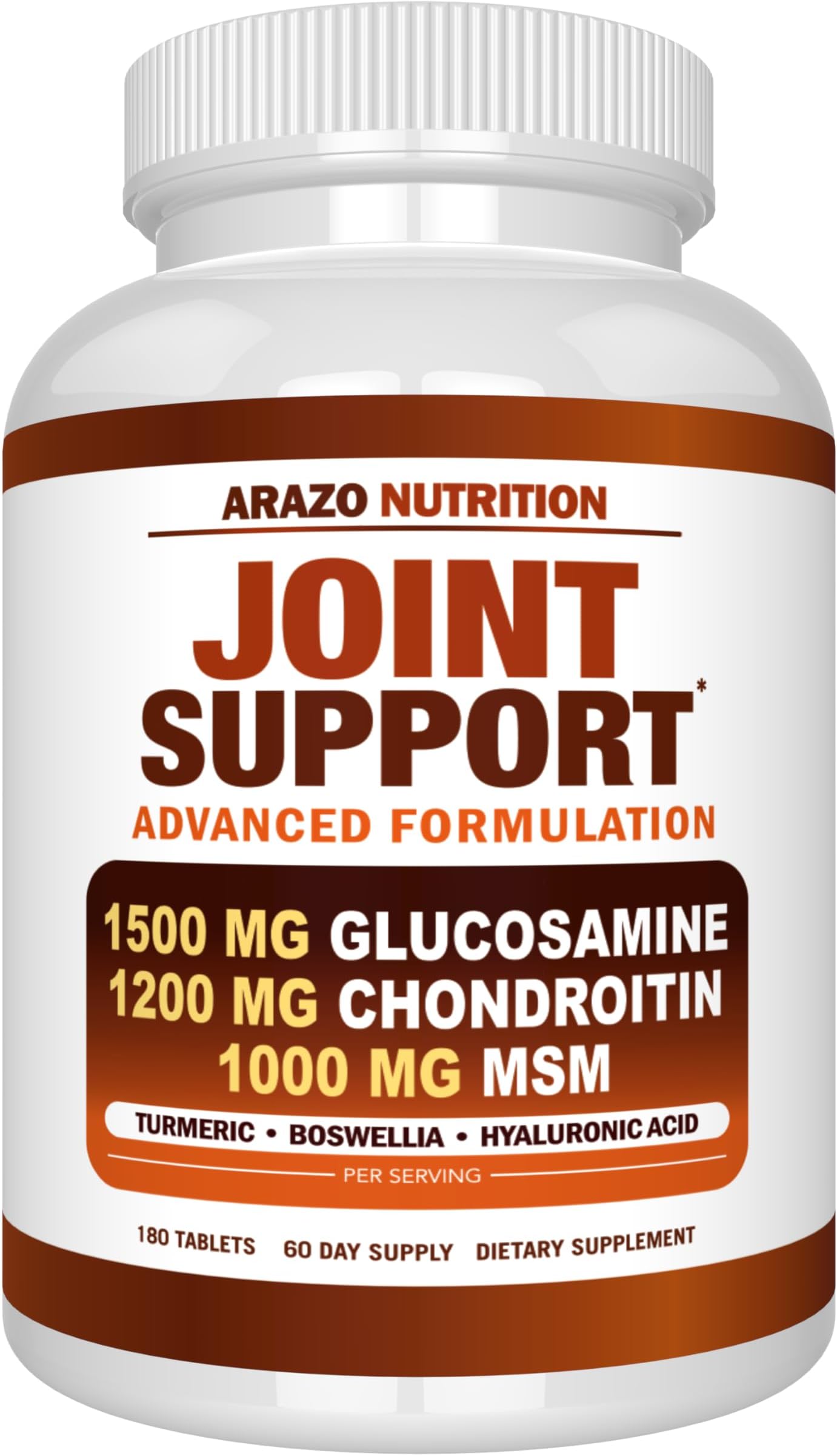 Arazo Nutrition Glucosamine Chondroitin Turmeric Msm Boswellia - Joint Support Supplement for Relief for Bones, Back, Knees, Hands (180 Tablets)