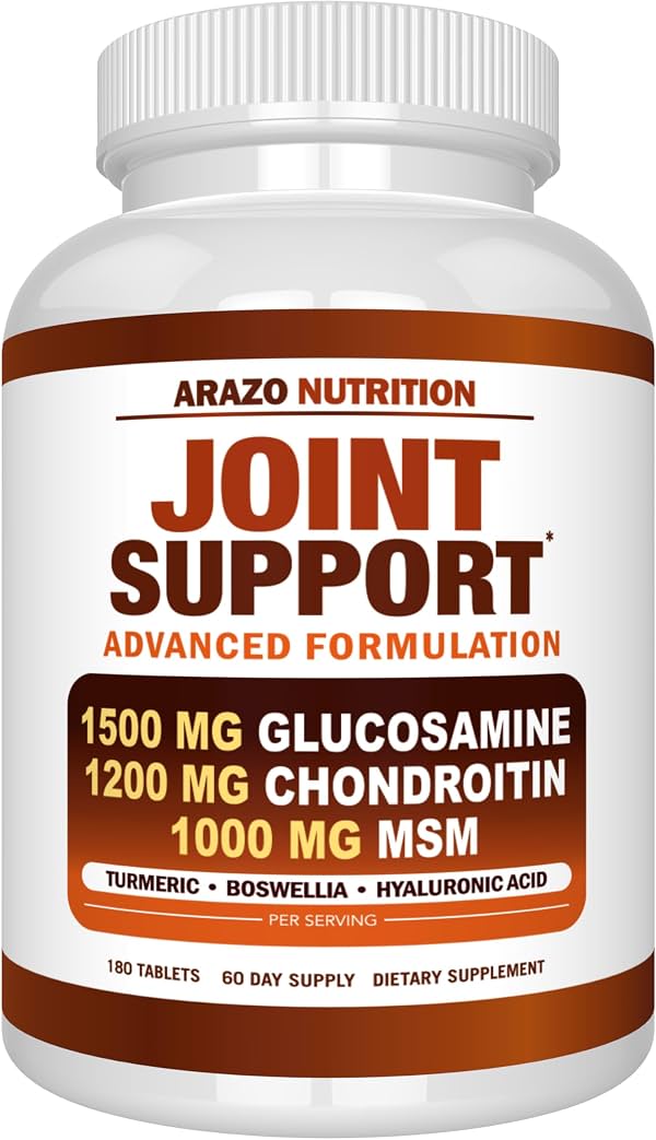 Arazo Nutrition Glucosamine Chondroitin Turmeric Msm Boswellia - Suplemento de apoyo para articulaciones para alivio de huesos, espalda, rodillas, manos (180 tabletas) Tableta 180 unidades (Paquete de 1)