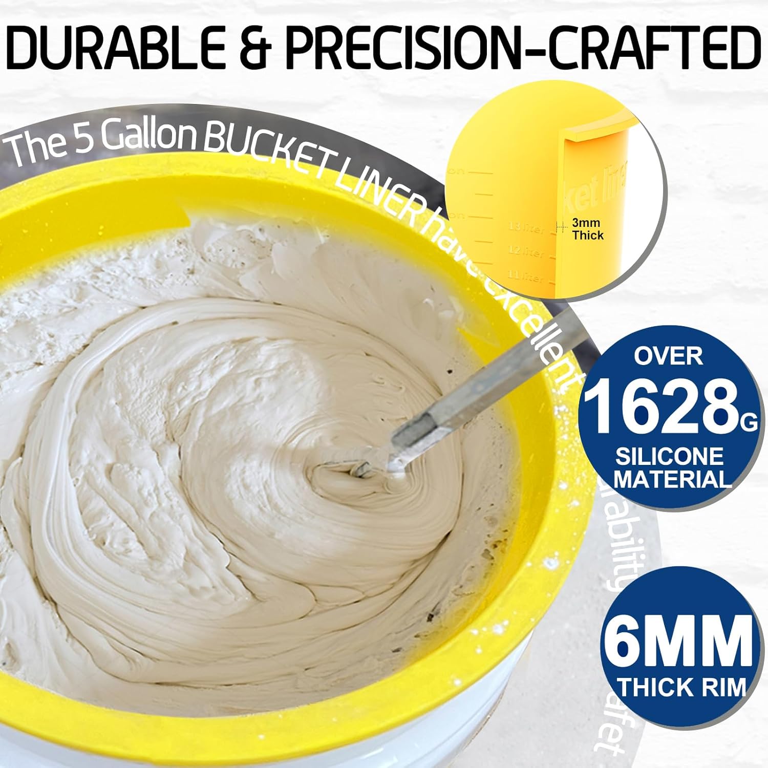 5 Gallon Bucket Silicone Liner Reusable for Thinset Paint Epoxy Concrete Mixing Bucket Saver with Graduated Measurements, Heavy Duty Yellow