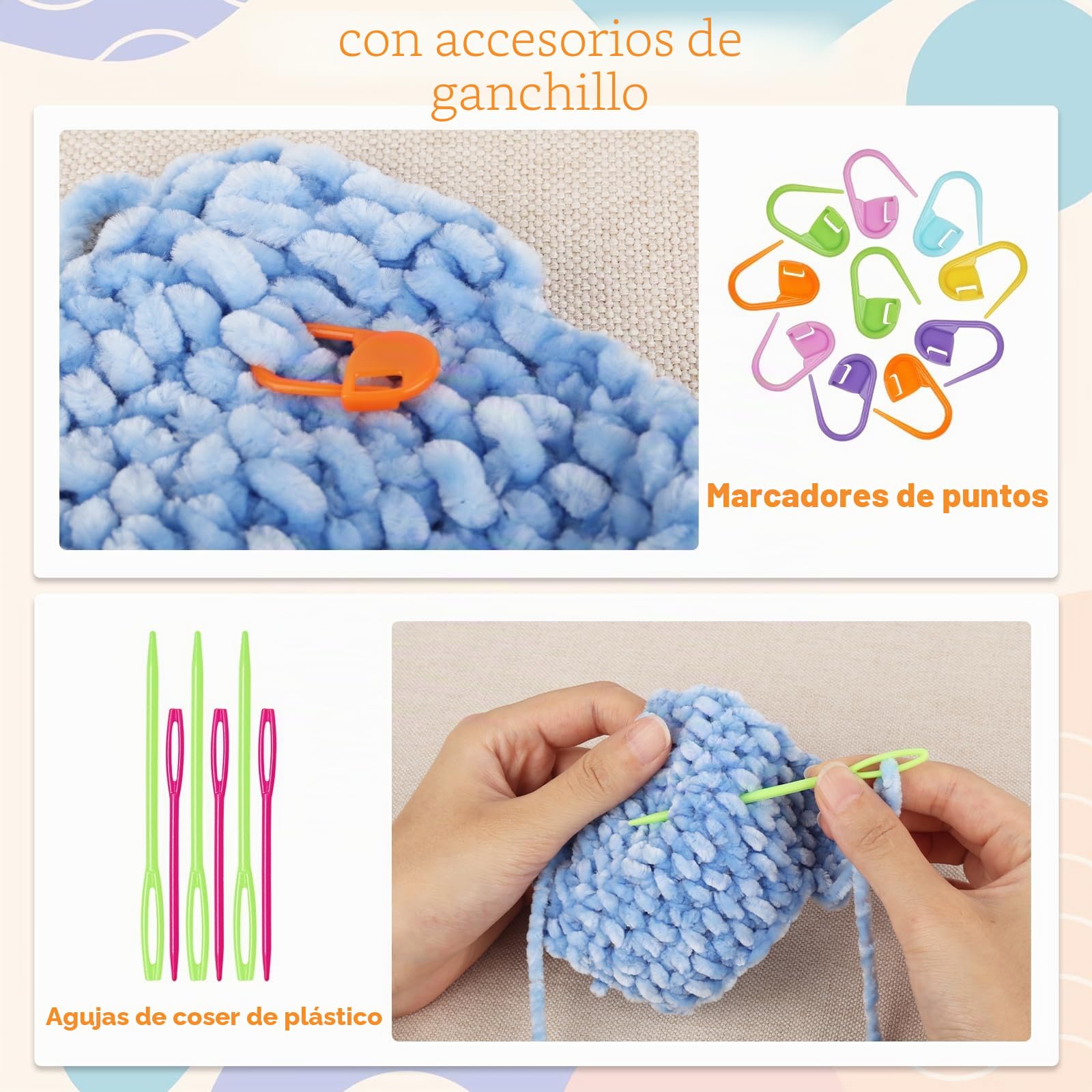 Coopay Lana de chenilla de terciopelo para ganchillo, 500 g (5 x 100 g), hilo de chenilla de terciopelo, lana gruesa para tejer, mullida, suave y aterciopelada, con accesorios de ganchillo para