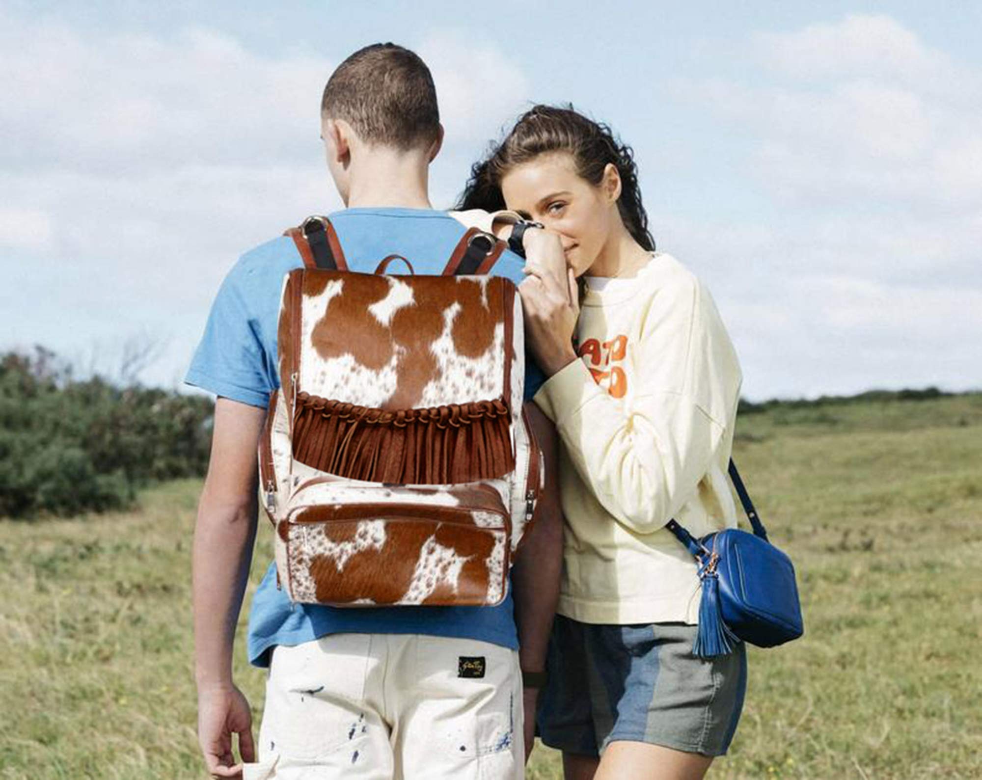 LP-FACON Cowhide Hair Cow Fur Skin Print Western Leather Fringe Diaper Backpack Rucksack/Knapsack Travel Shoulder Bag Brown