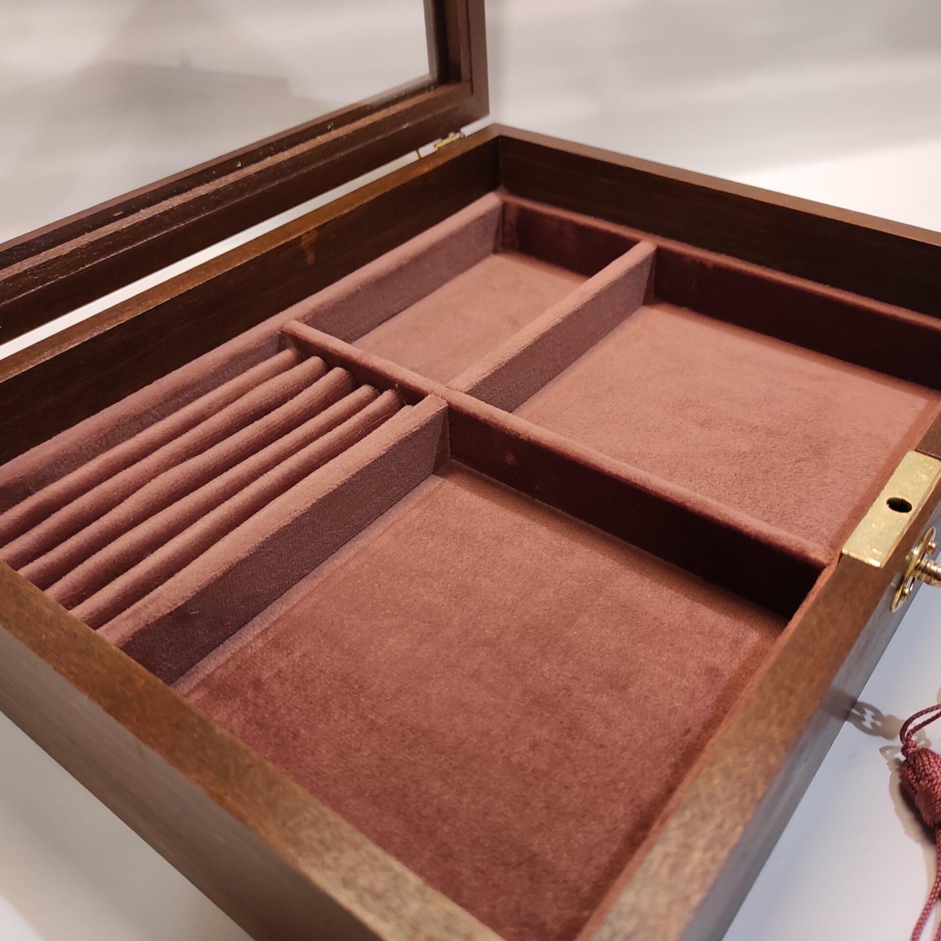 Joyero de madera con tapa de cristal, terciopelo interior, bandeja extraíble y portapendientes, personalizable con grabado, hecho a mano en Italia