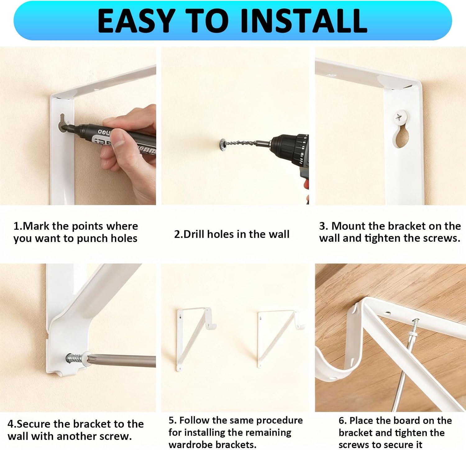 Heavy Duty Closet Rod Bracket 11x11 Inch, 6-Pack White Steel Closet Shelf Brackets,Wall Mount Closet Rod Support Bracket with Screws,Supports 300 lbs
