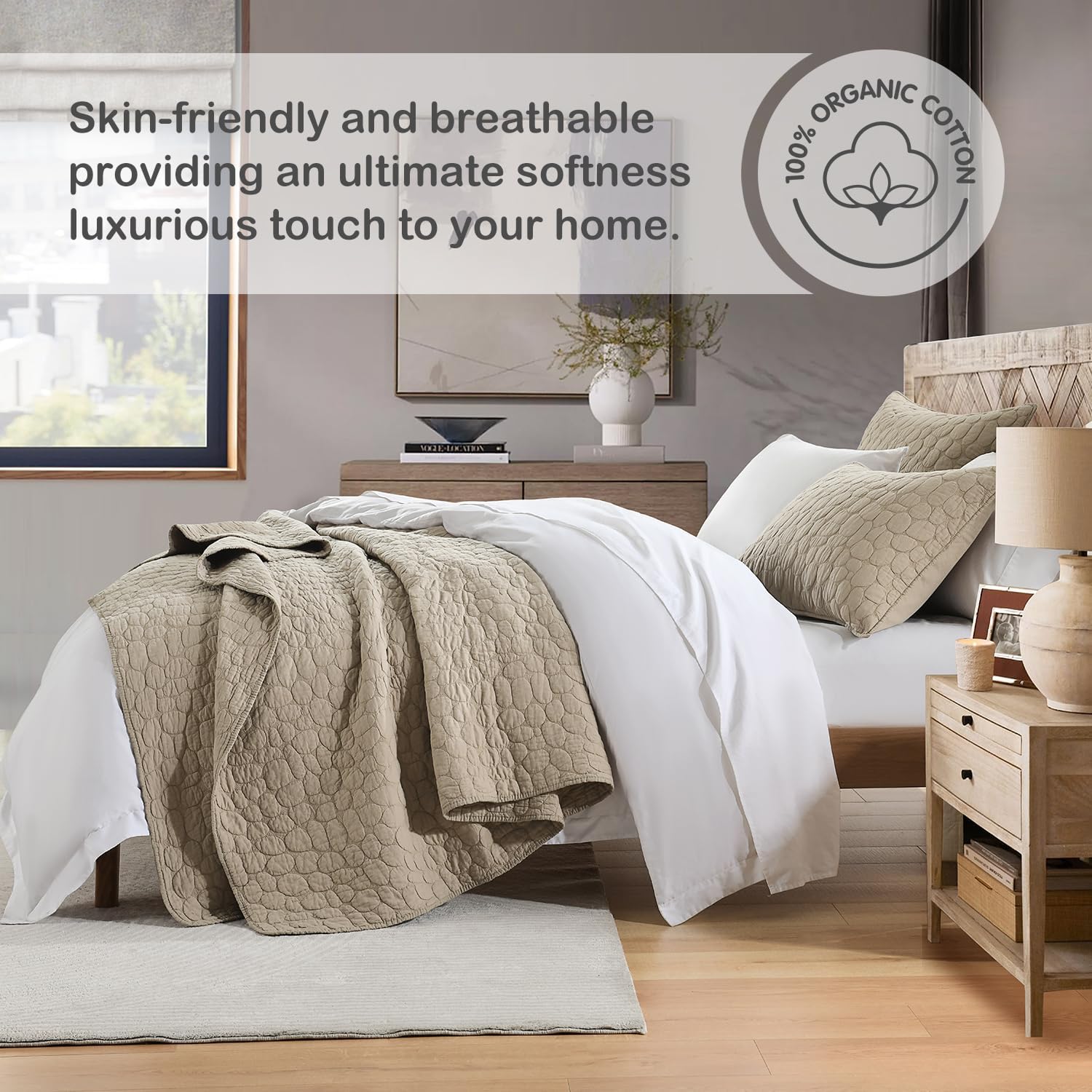 HORIMOTE HOME 100% Cotton Quilt Set Queen Size, Dark Beige Pre-Washed Bedspreads Coverlet Set with Cobblestone Pattern, Cozy Lightweight Stitching Decorative Bedding Cover for All Seasons - Image 4