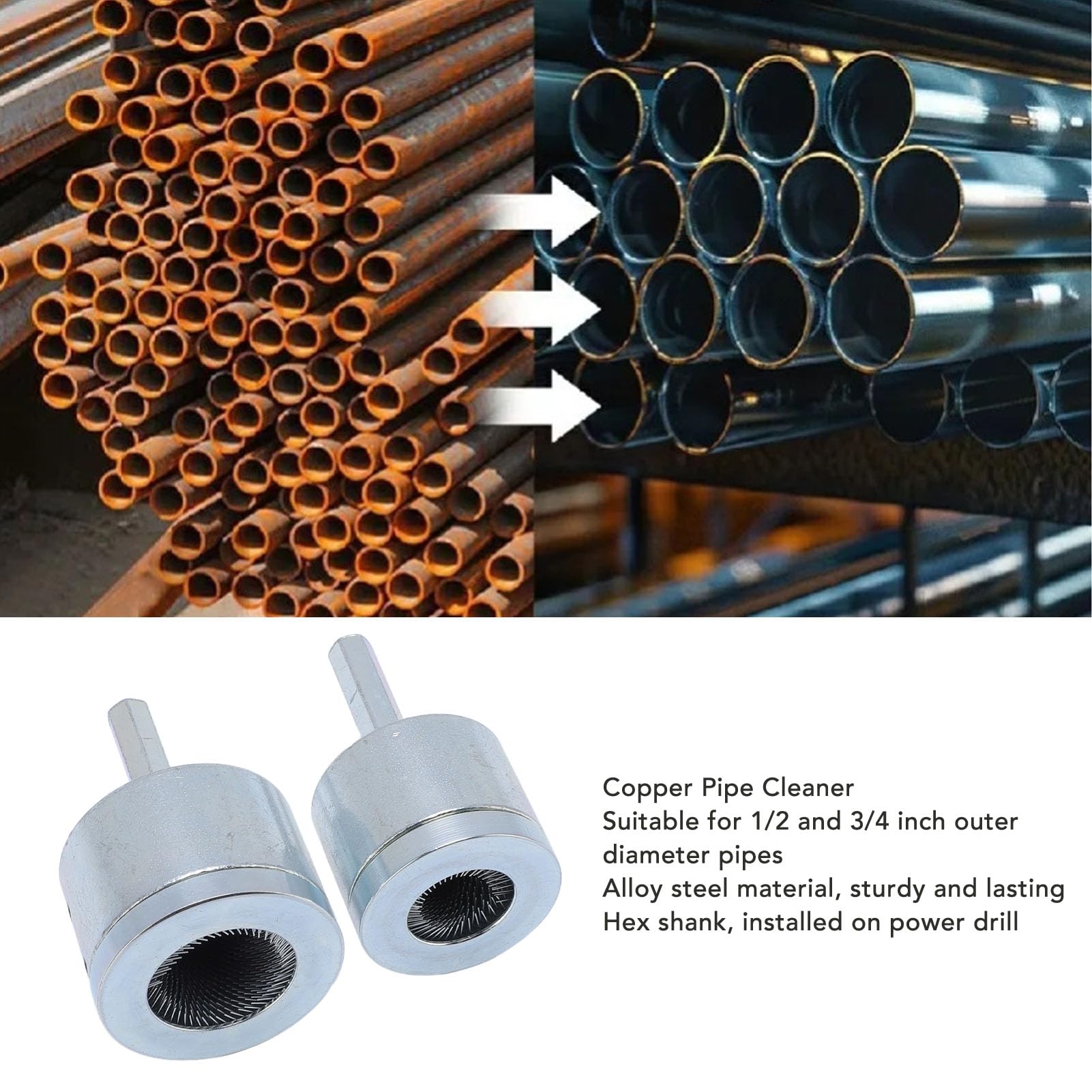 Copper Pipe Cleaner for Drill, 2 Pcs Tube Cleaning Brush with Stainless Steel Wire Bristle, Clean 1/2 and 3/4 Inch Copper Pipes & Tubes for Soldering, Copper Fitting Brush Tool