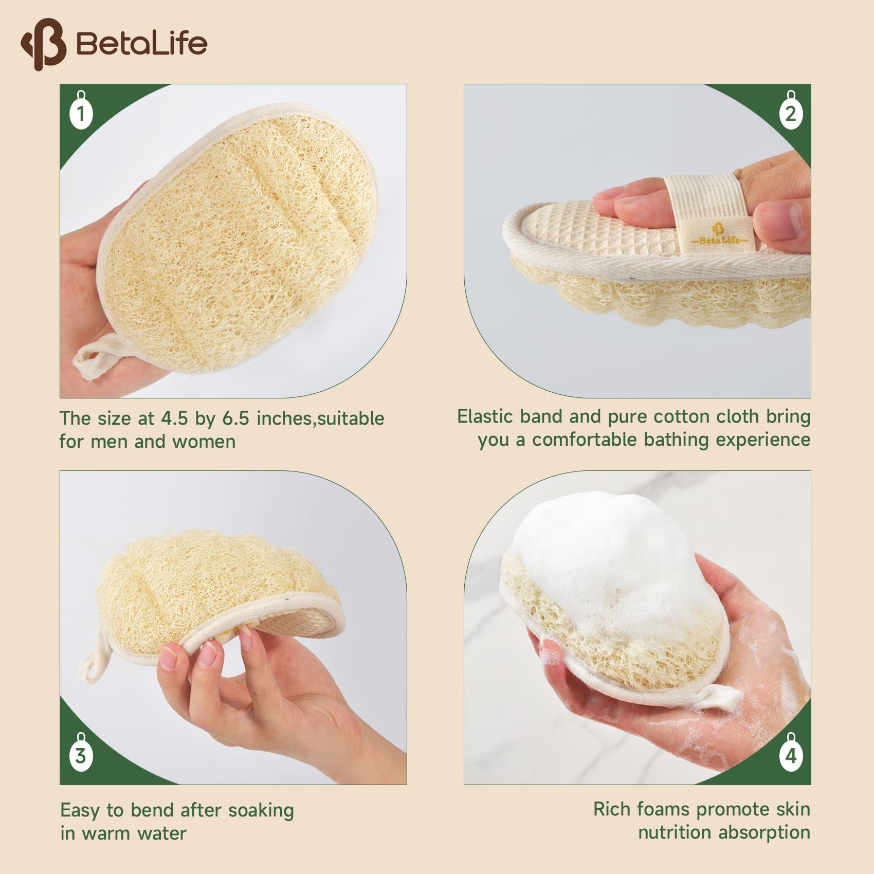 Betalife Esponja exfoliante natural de lufa (2 unidades), fabricada con luffa natural y ecológica para mujeres y hombres