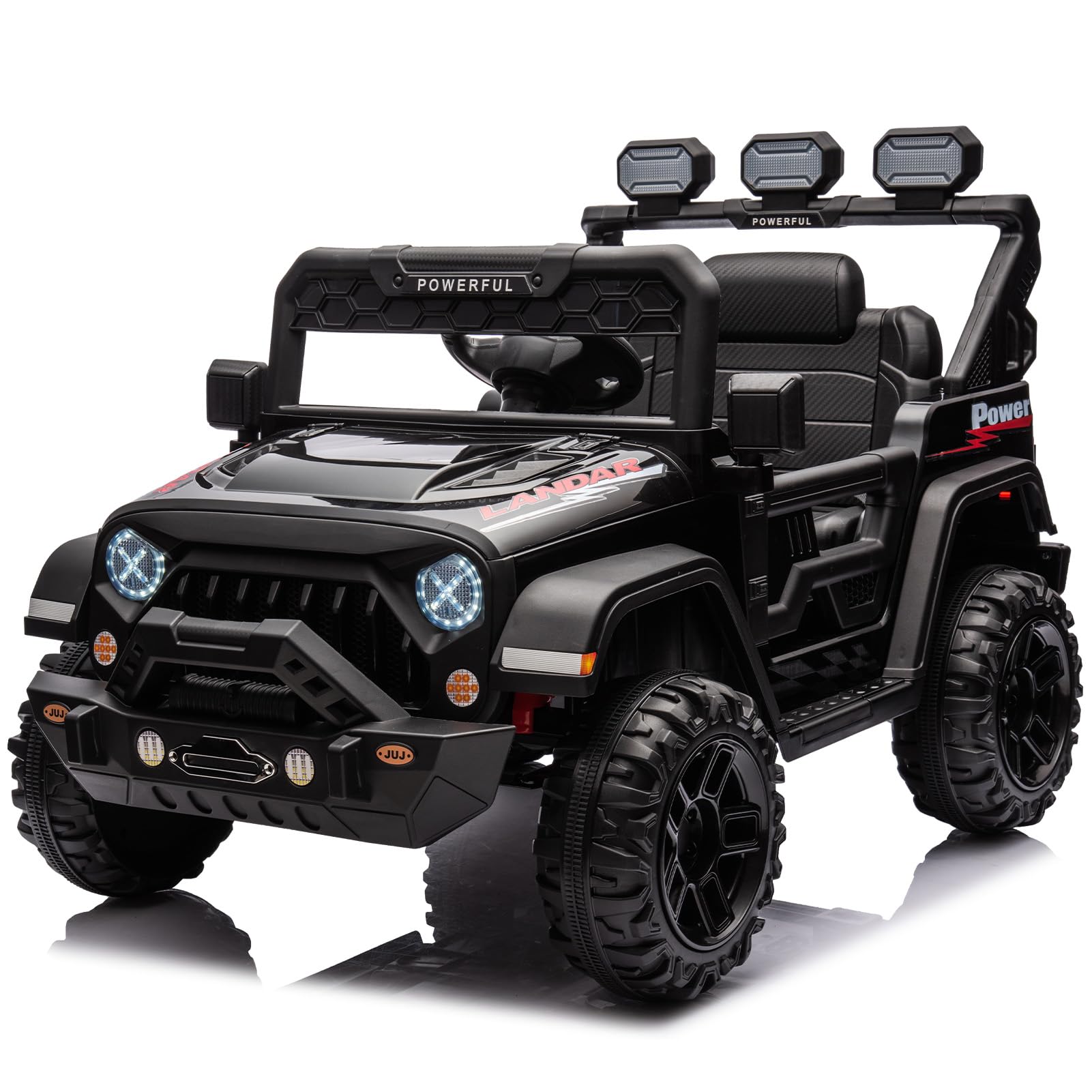 Kinder Elektroauto mit Verbesserter Akku 12V 7AH, Elektrofahrzeuge 3-Gang - 2 Betriebsmodi mit 2,4G-Fernbedienung, LED-Lichter, Bluetooth, Sicherheitsgurten für Kinder von 1-8 Jahren (Schwarz)