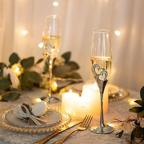 Miniatura 2 de LANLONG Copas de champán para boda, copas de flauta para novia y novio, creativas copas de vidrio de lujo con borde de diamantes de imitación